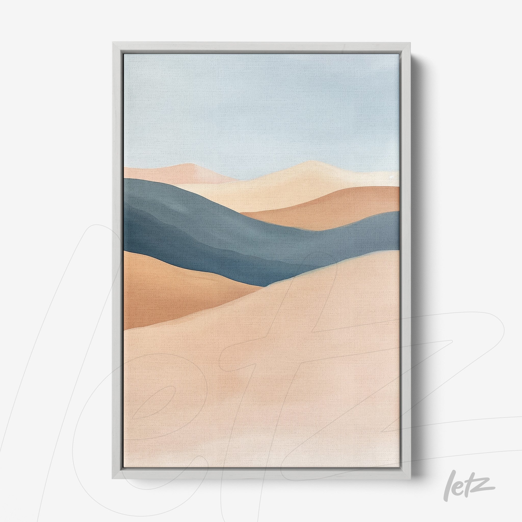 quadro com arte abstrata de paisagem em tons terrosos e azuis com moldura prata