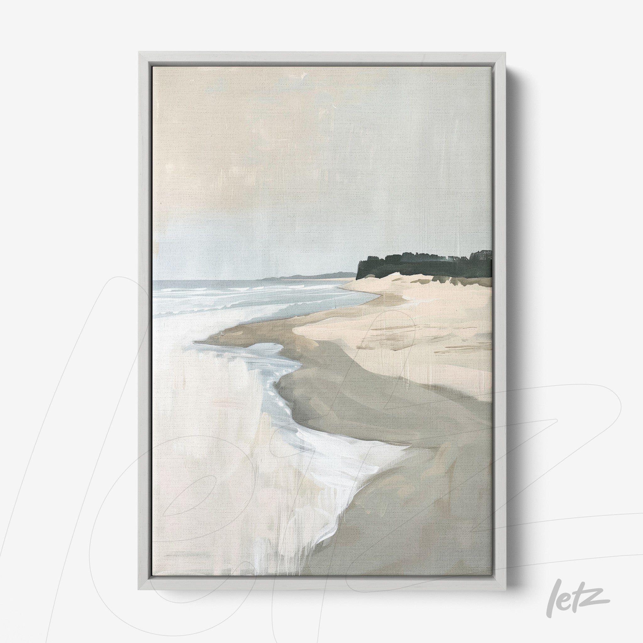 quadro com pintura sobre paisagem de praia em moldura branca, mostrando areia e ondas suaves