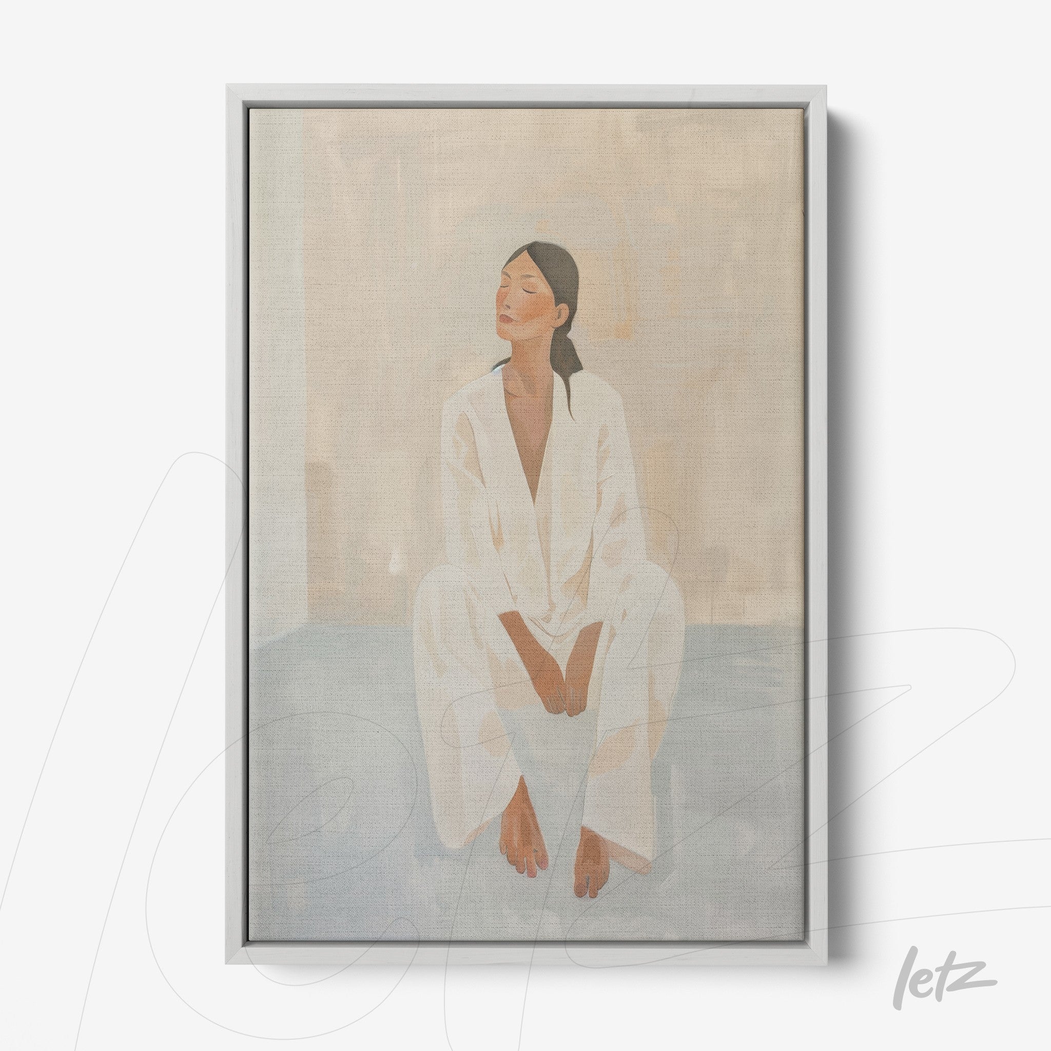 quadro com arte minimalista de mulher sentada em tons suaves, moldura cinza clara