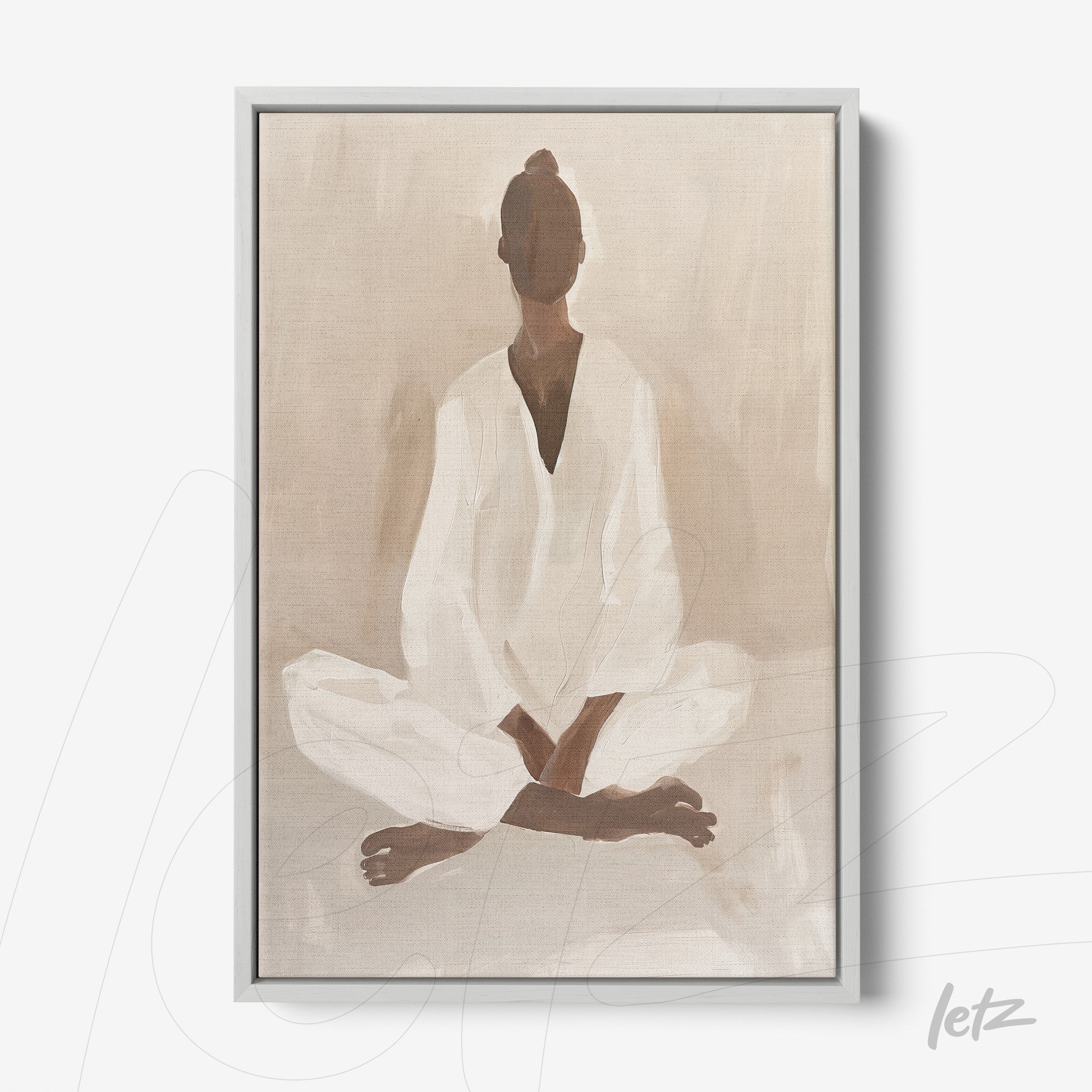 quadro com arte minimalista de figura meditando em tons de bege, moldura prata