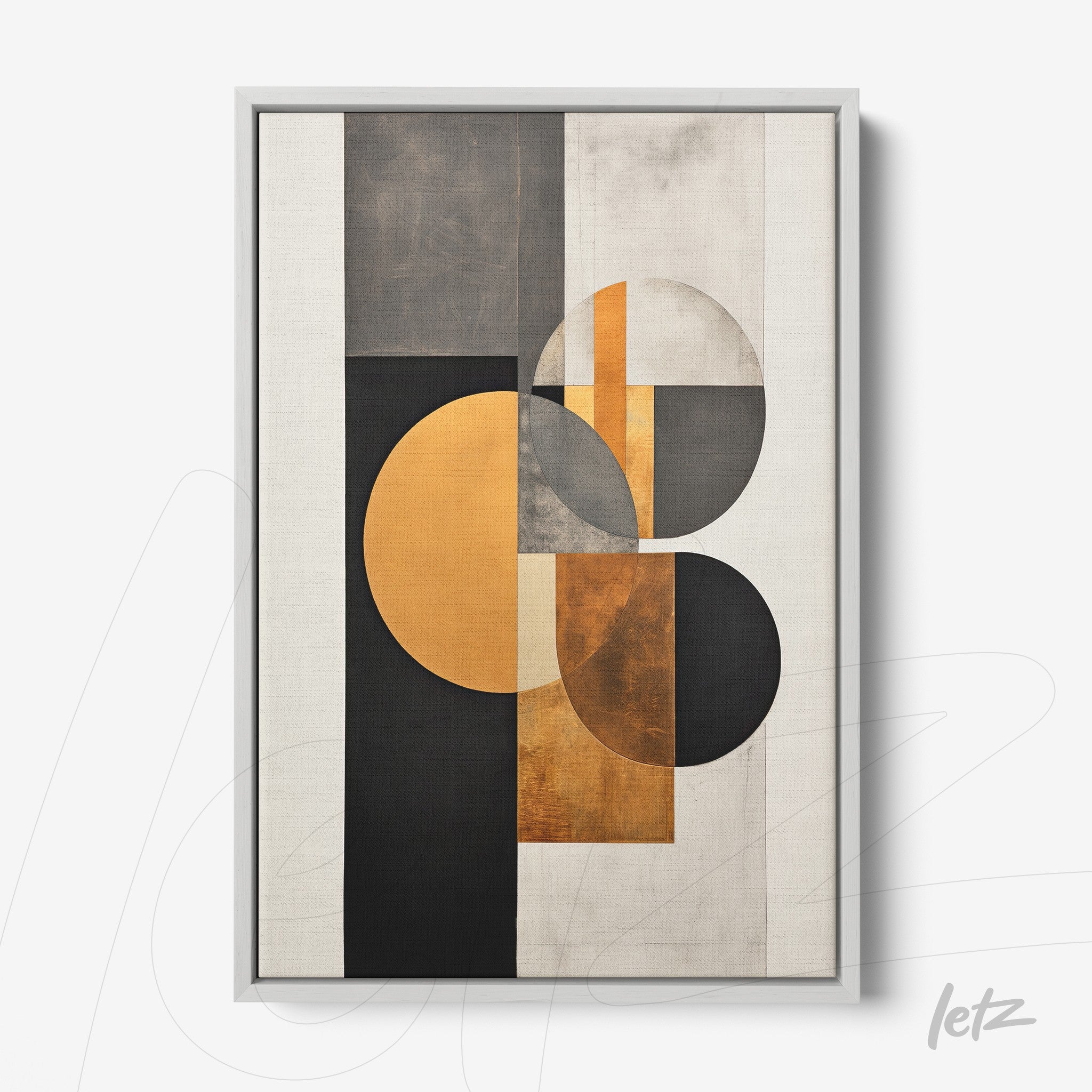quadro decorativo abstrato com formas geométricas em tons de preto, cinza e dourado, moldura branca