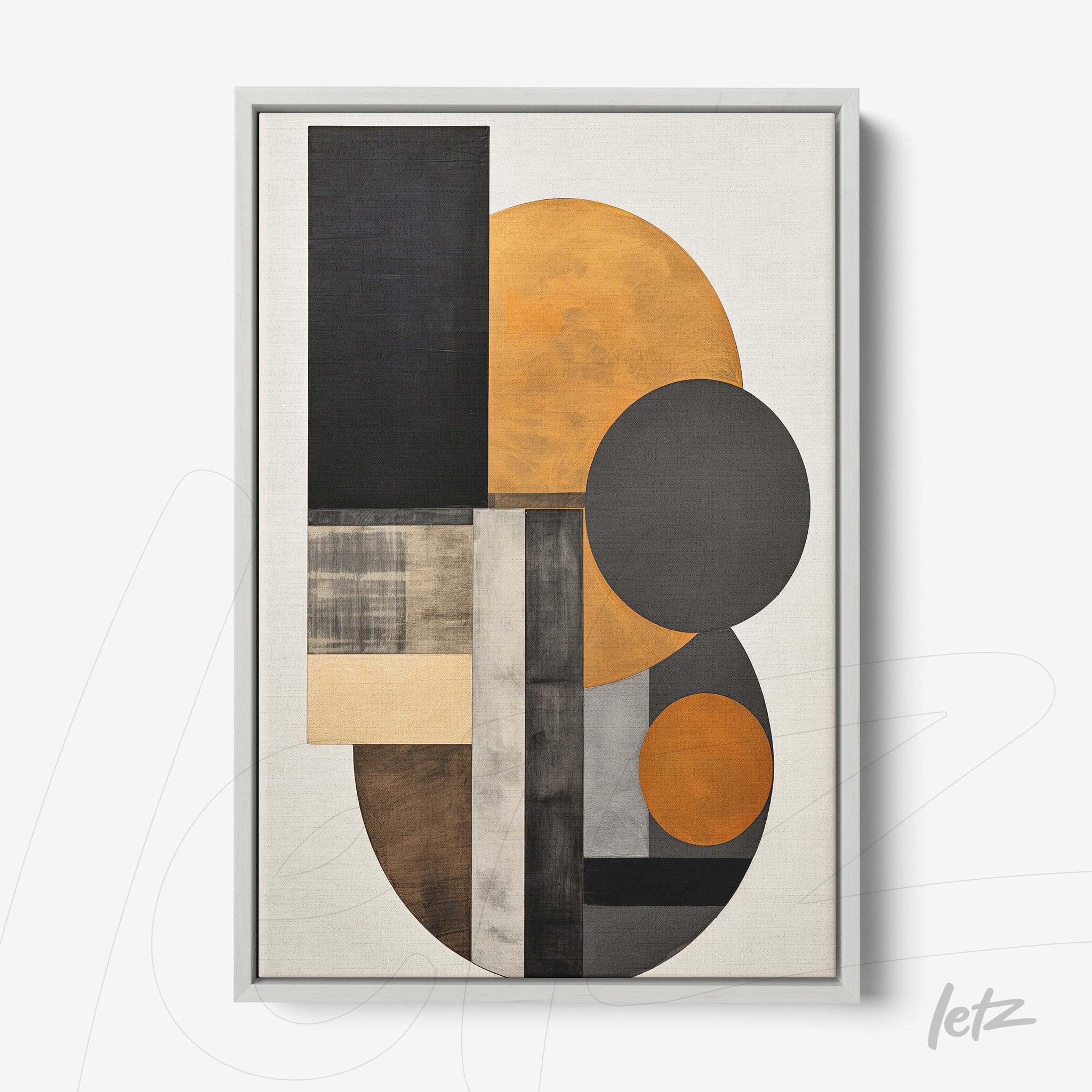 quadro com arte abstrata em tons terrosos e geométricos com moldura prateada