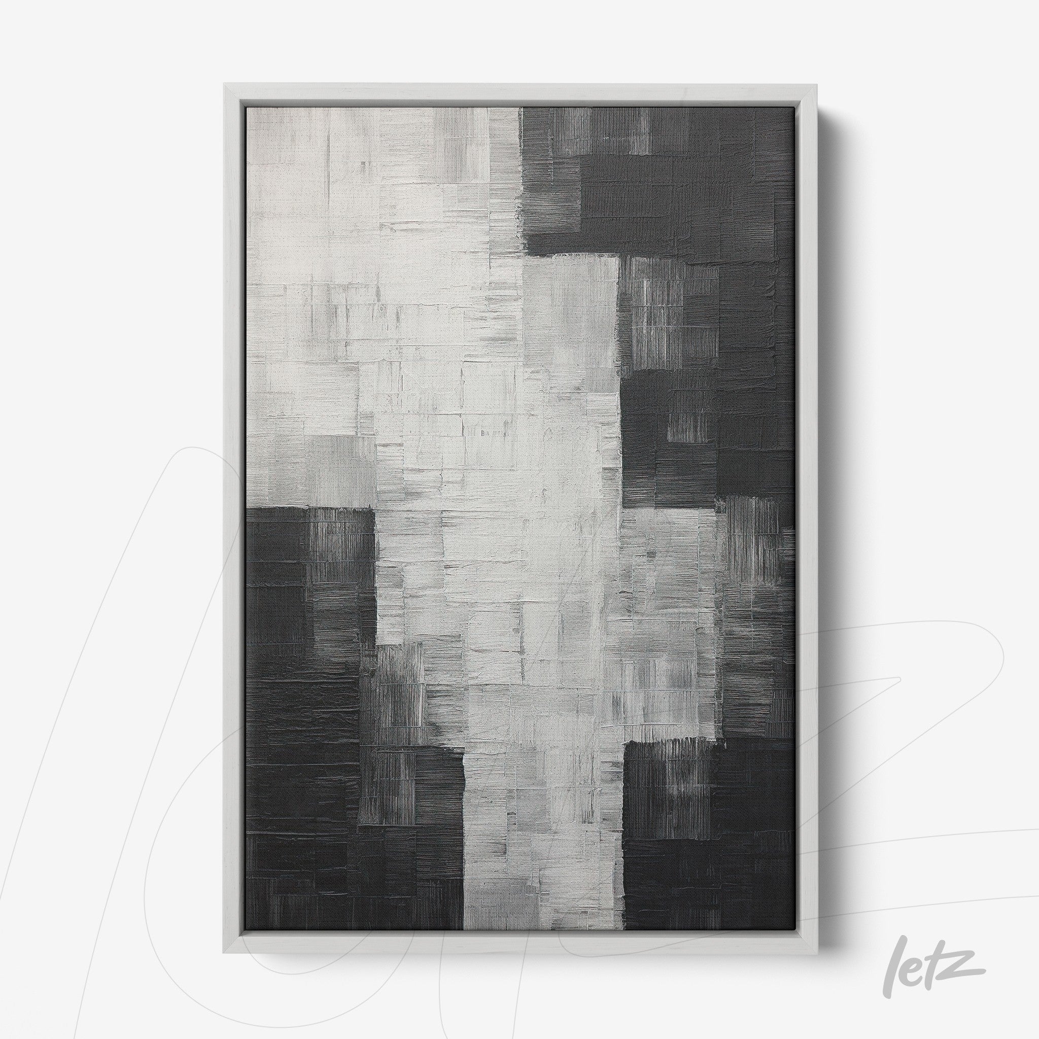 quadro abstrato com textura em tons de preto, branco e cinza, em moldura prata