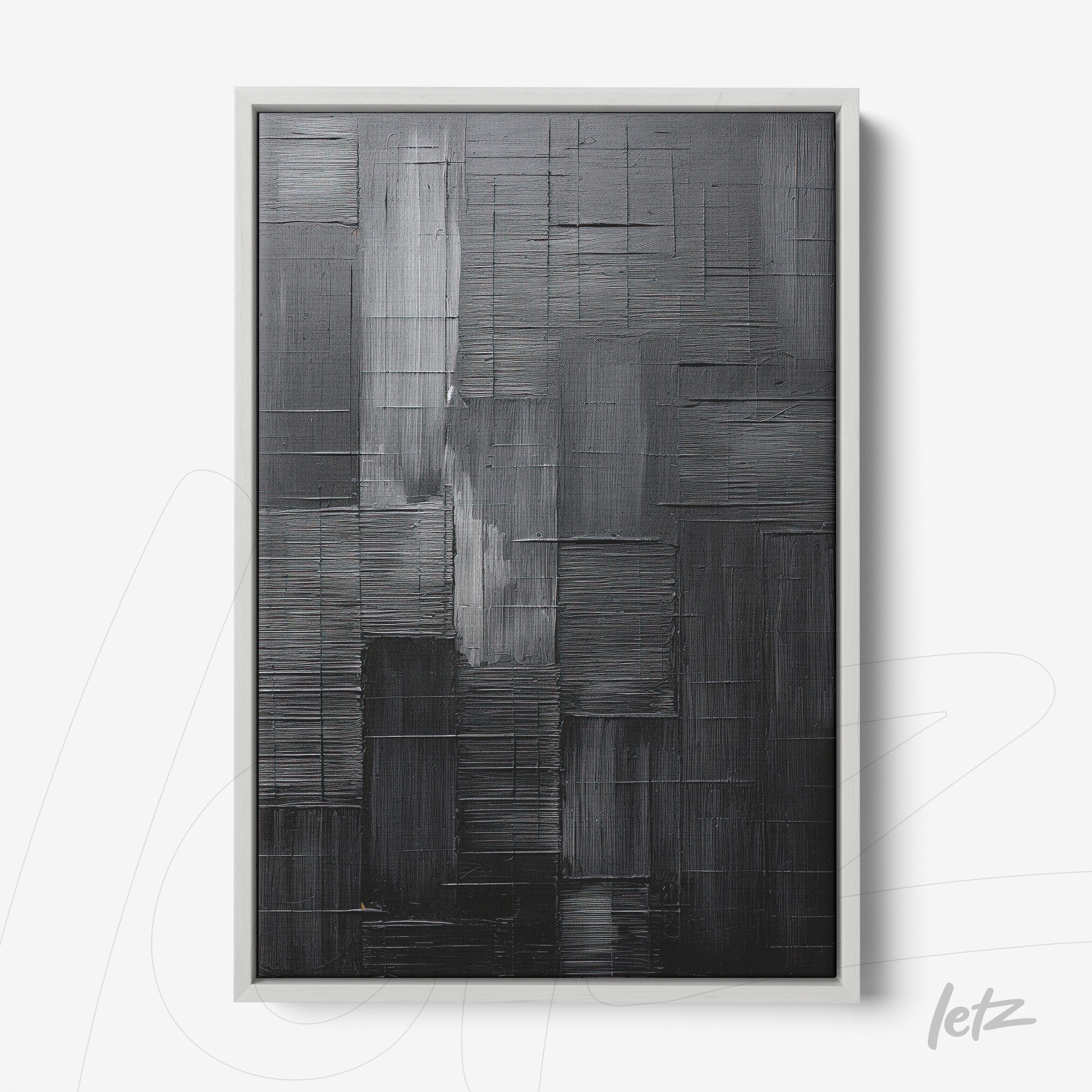 quadro abstrato em tons de preto com textura linear em fundo liso, em moldura branca