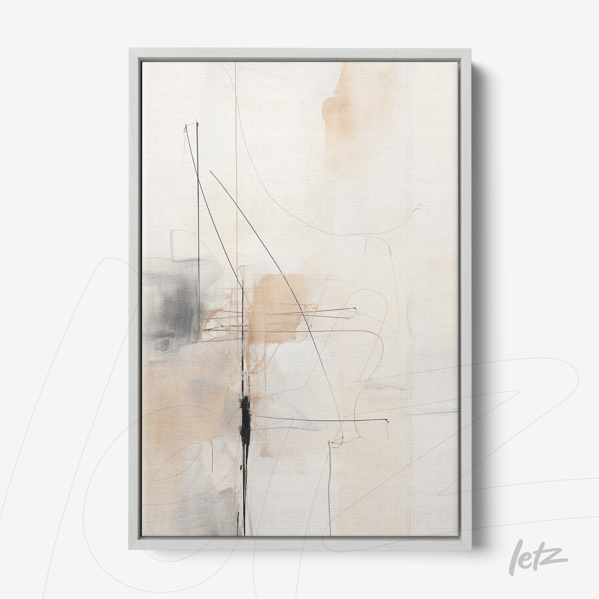 quadro com arte abstrata em tons neutros com linhas pretas finas em moldura prateada