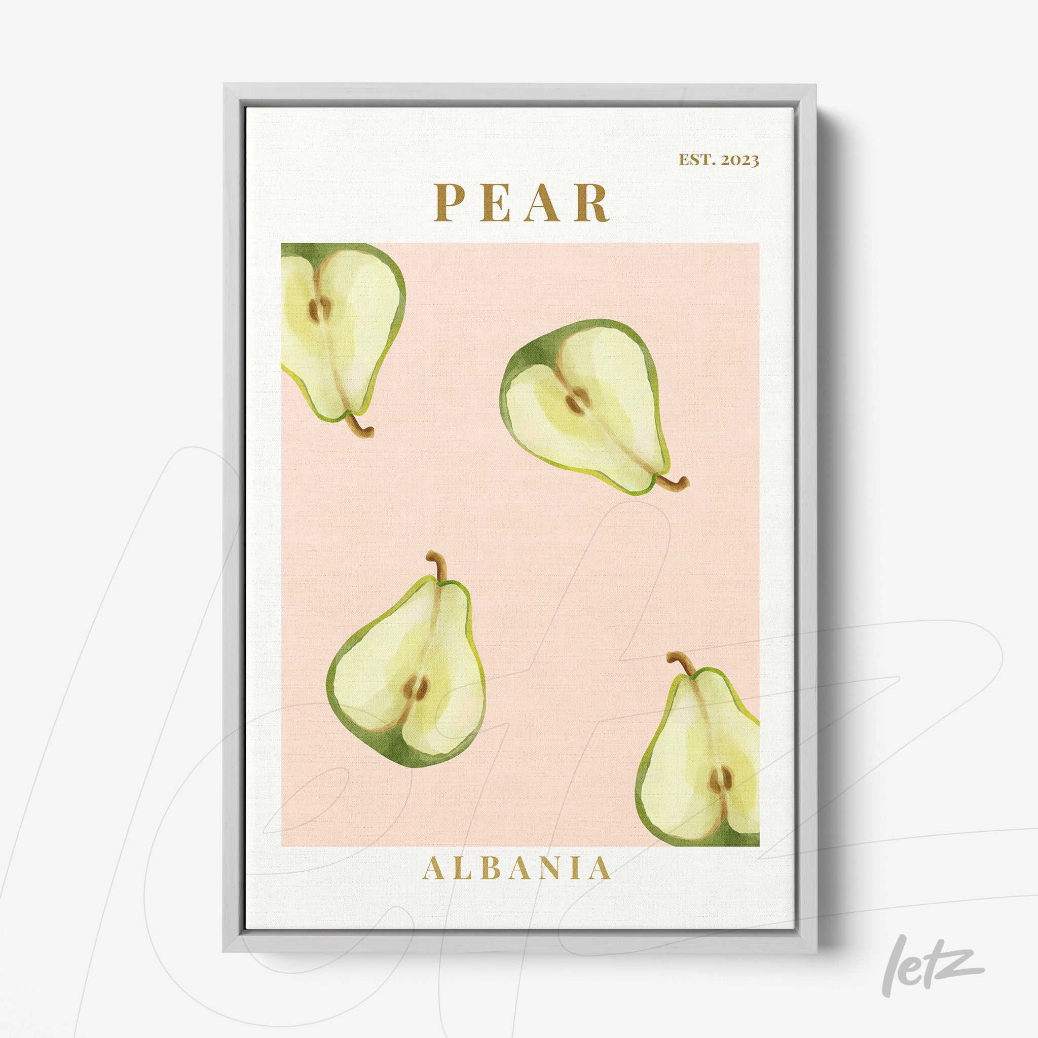 quadro com ilustração de peras em fundo rosa, moldura prata e texto 'PEAR' e 'ALBANIA'