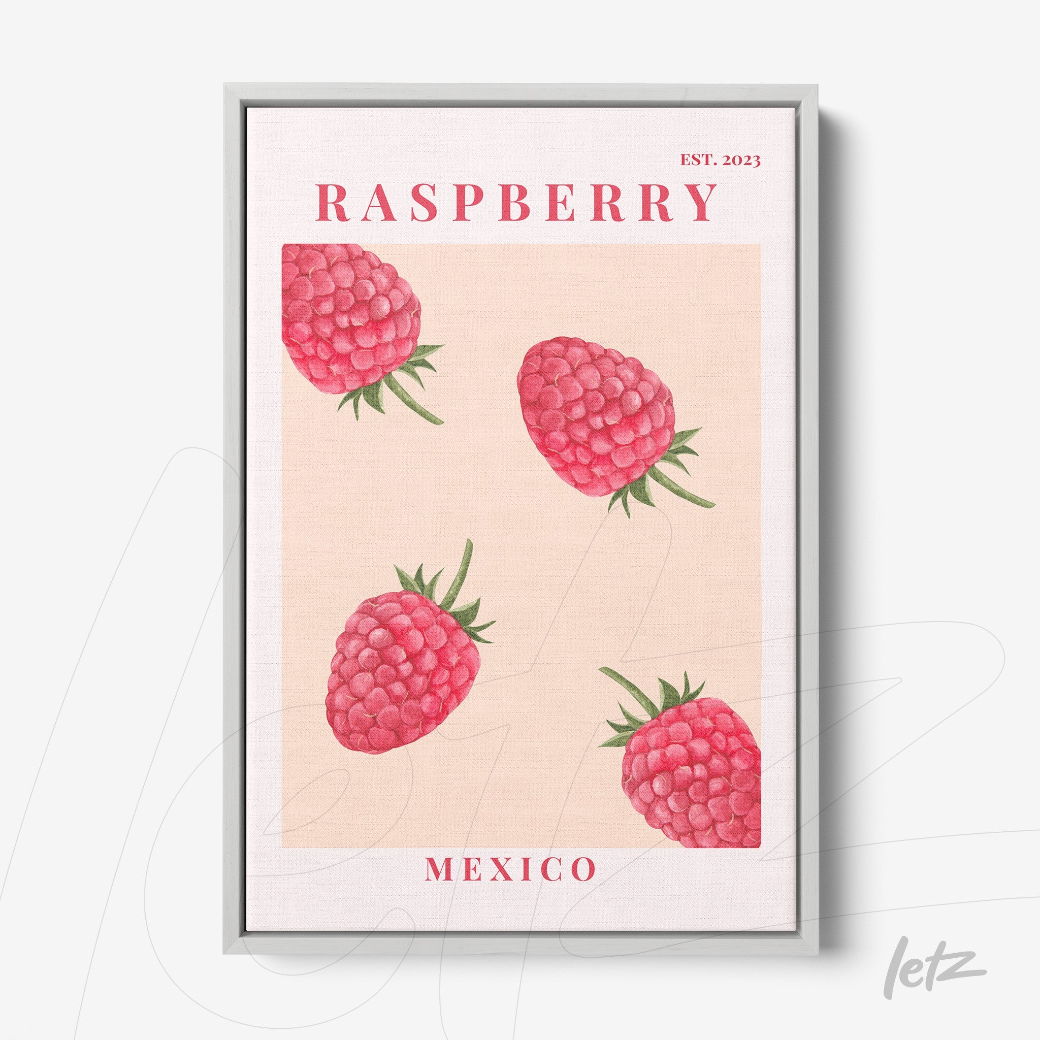 quadro com ilustração de framboesas em fundo claro e moldura prateada