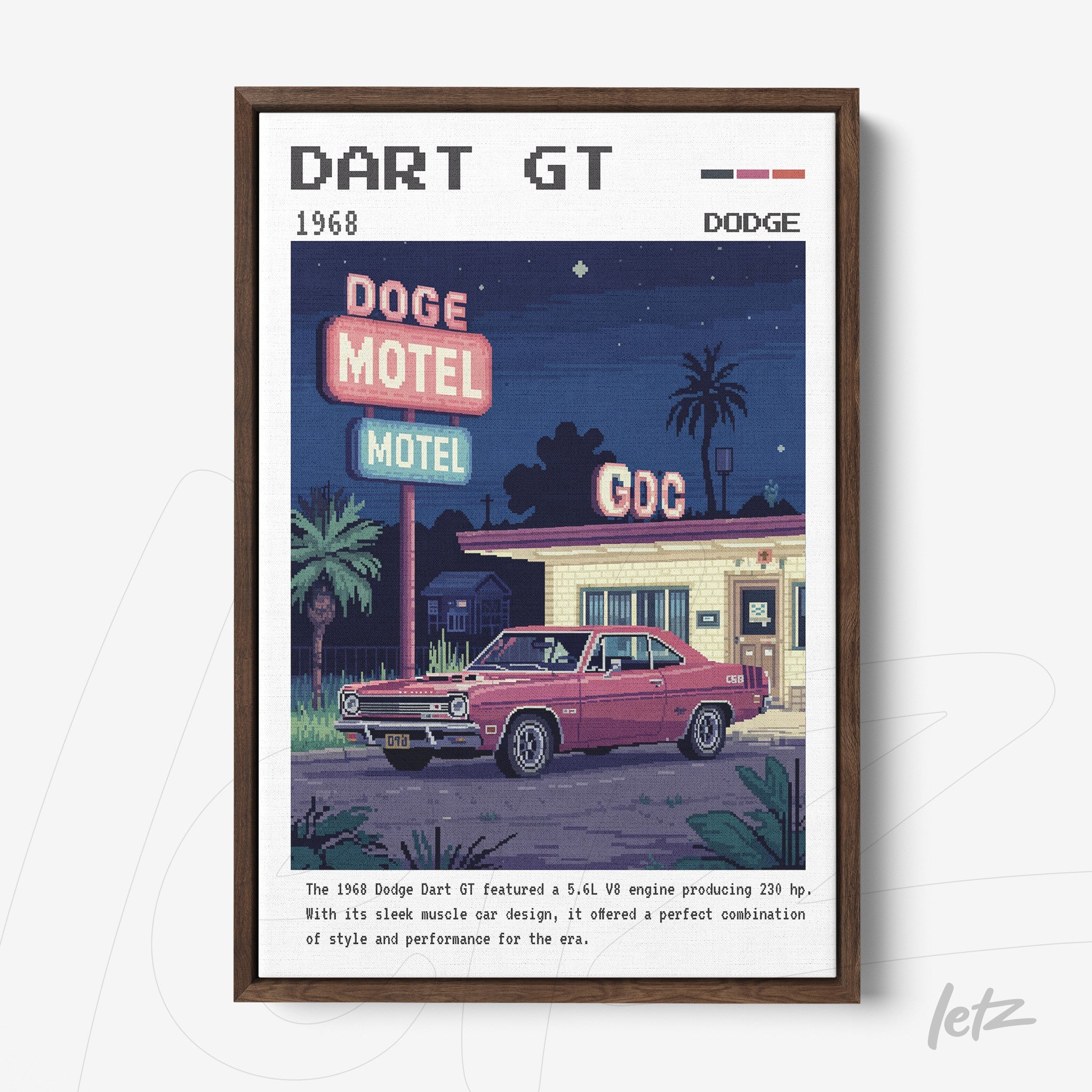 quadro com arte digital retrô de um Dodge Dart GT em frente a um motel em estilo vintage, moldura escura