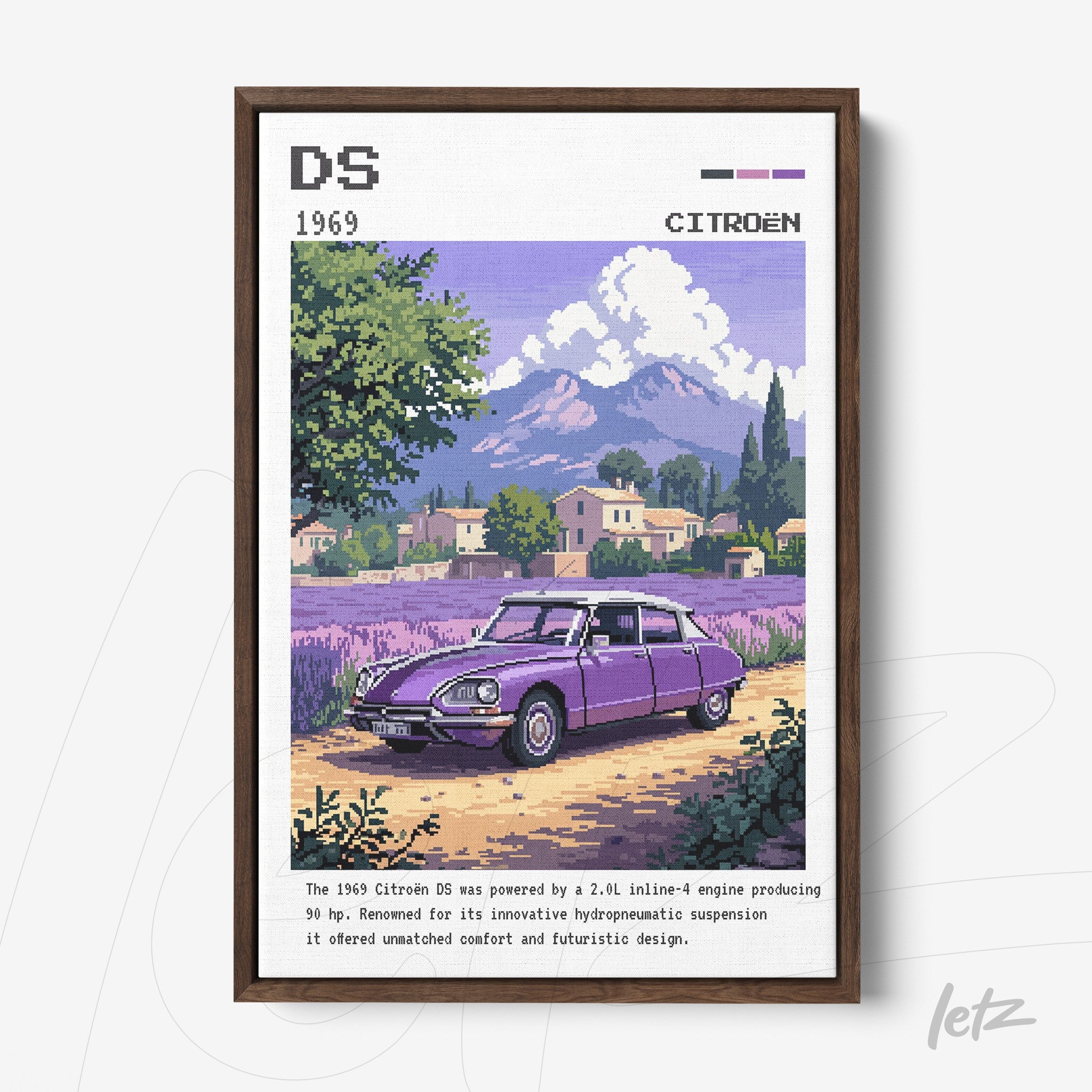 quadro com arte digital de um Citroën DS 1969 em uma paisagem rural com montanhas ao fundo e moldura marrom escura