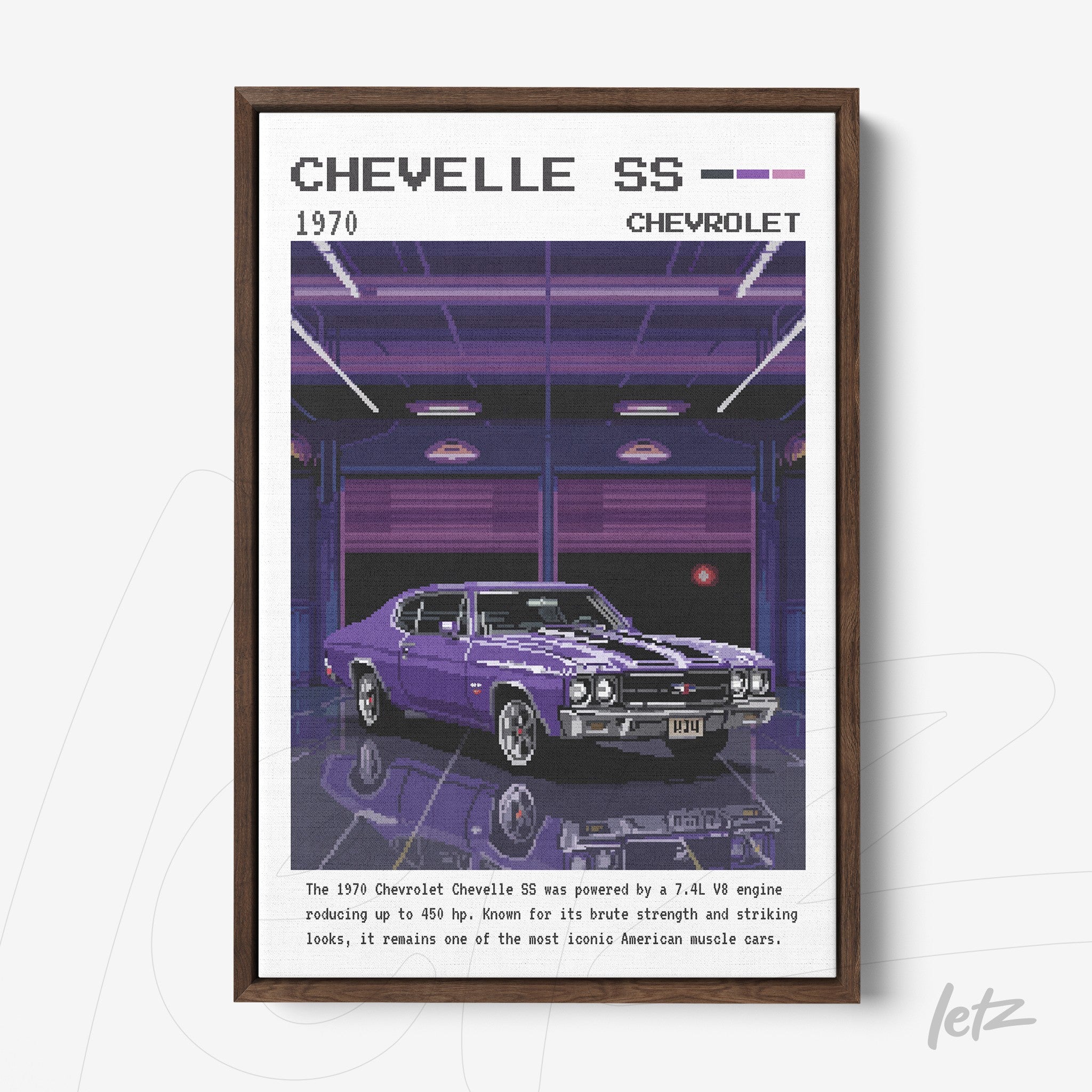 quadro com arte digital de um carro Chevelle SS 1970 em uma garagem iluminada com luzes neon, moldura escura