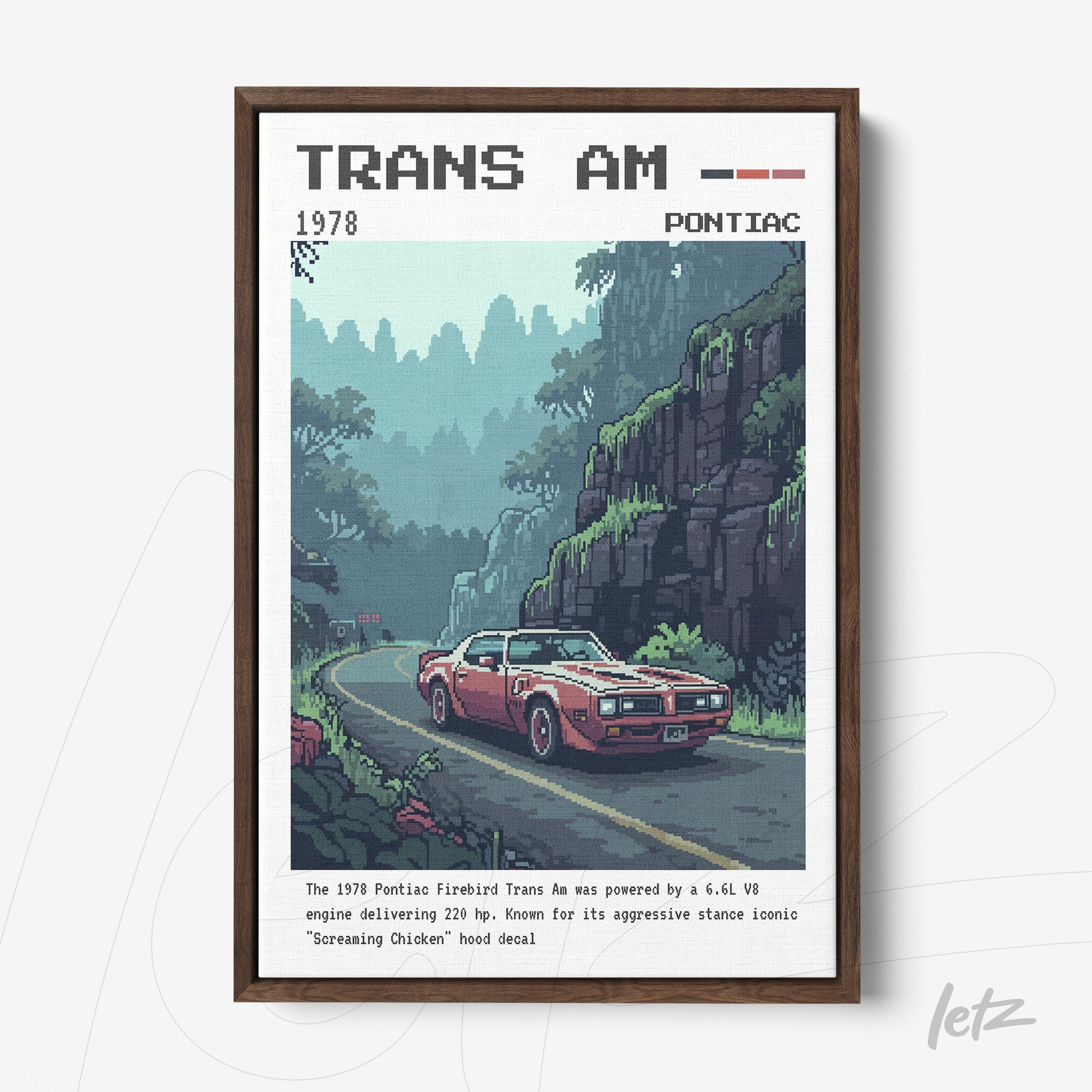 quadro com arte retrô do carro Pontiac Trans Am de 1978 em moldura marrom