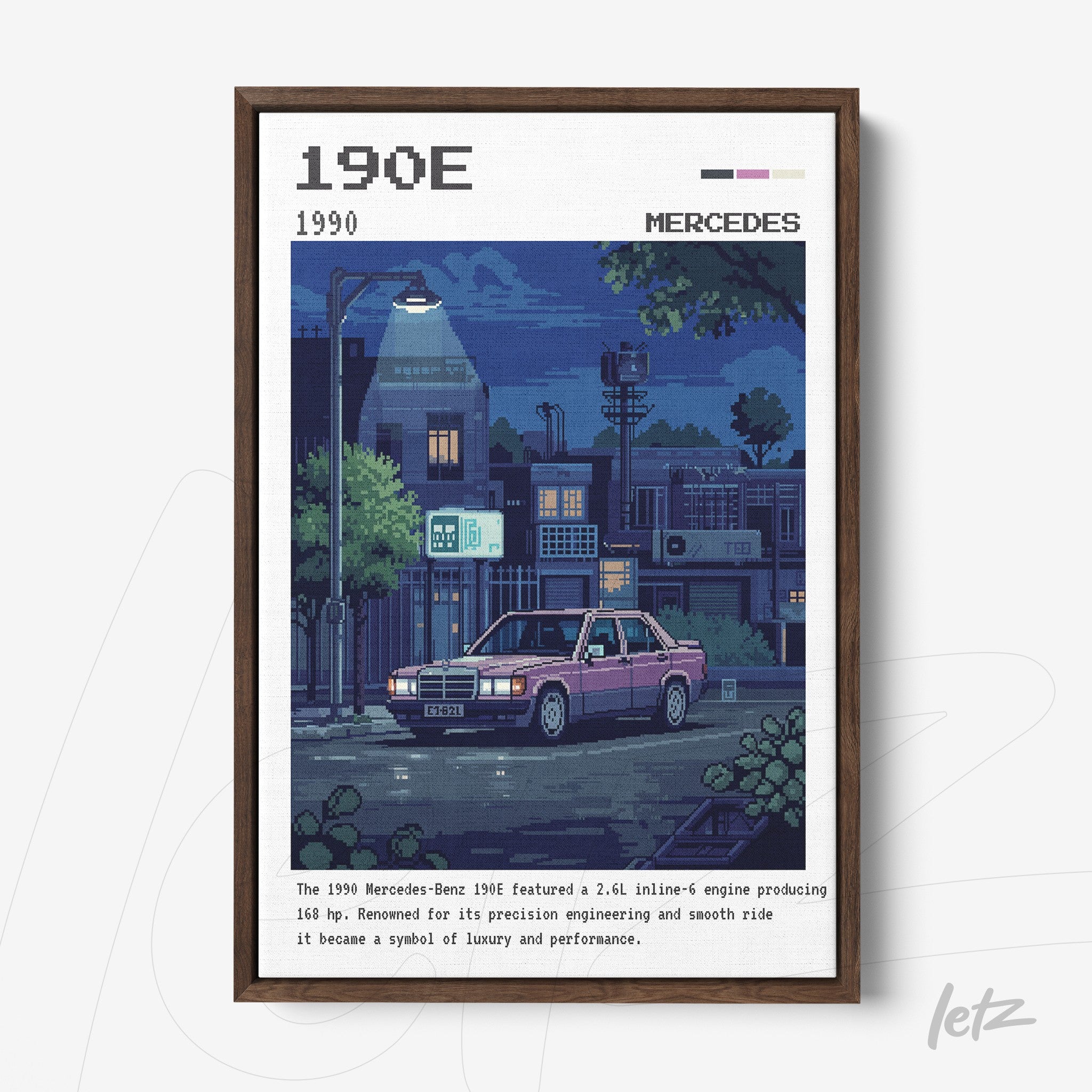 quadro em estilo pixel art de um carro Mercedes-Benz 190E em uma cena noturna urbana, com moldura de madeira escura