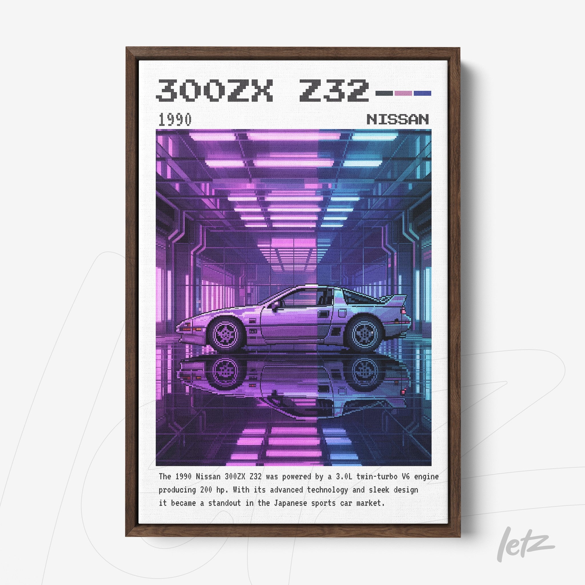 quadro com arte digital de um carro esportivo Nissan 300ZX Z32 em ambiente futurista com iluminação neon