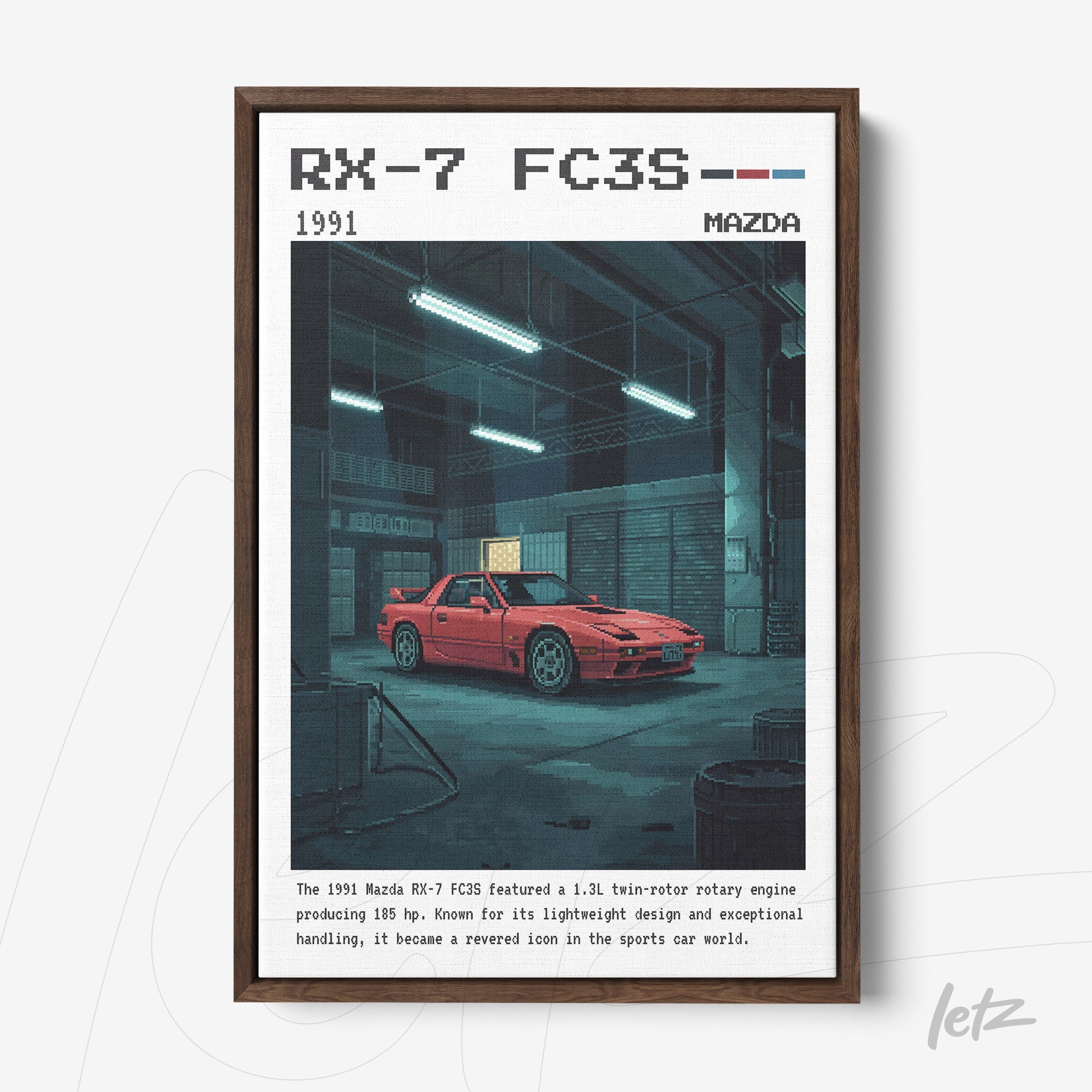 quadro com ilustração retro do carro Mazda RX-7 FC3S em moldura de madeira escura