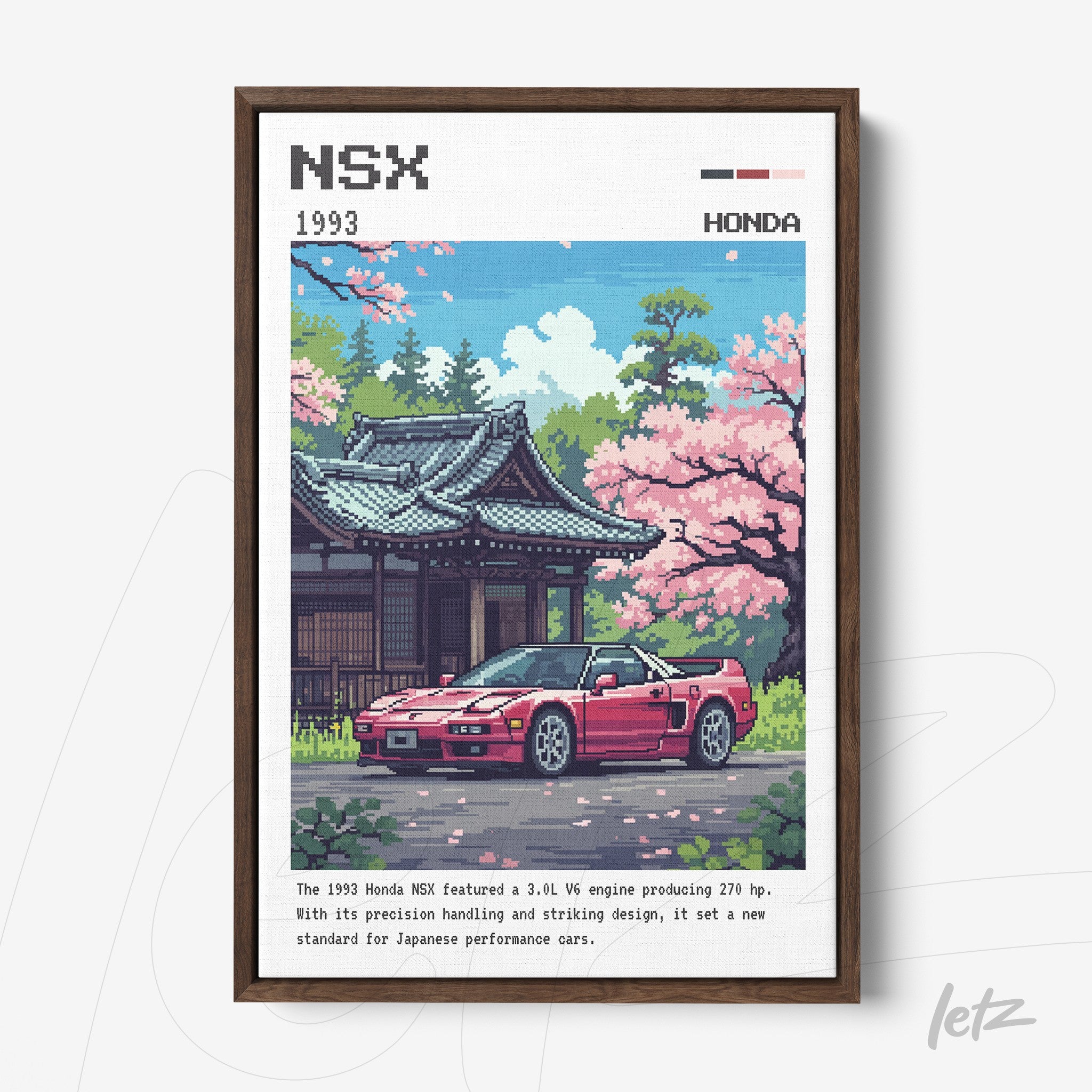 quadro com arte pixelada do carro Honda NSX vermelho em frente a um templo japonês e flores de cerejeira, em moldura marrom