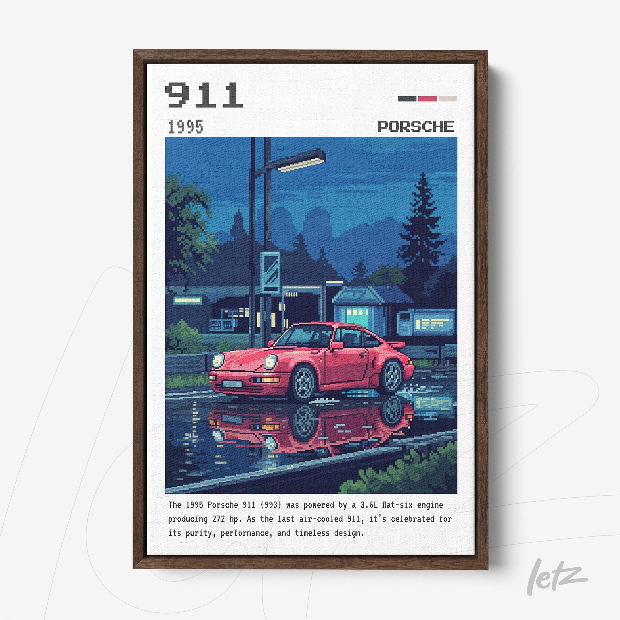 quadro com arte vintage do carro Porsche 911 de 1995 em moldura de madeira escura com reflexo na água