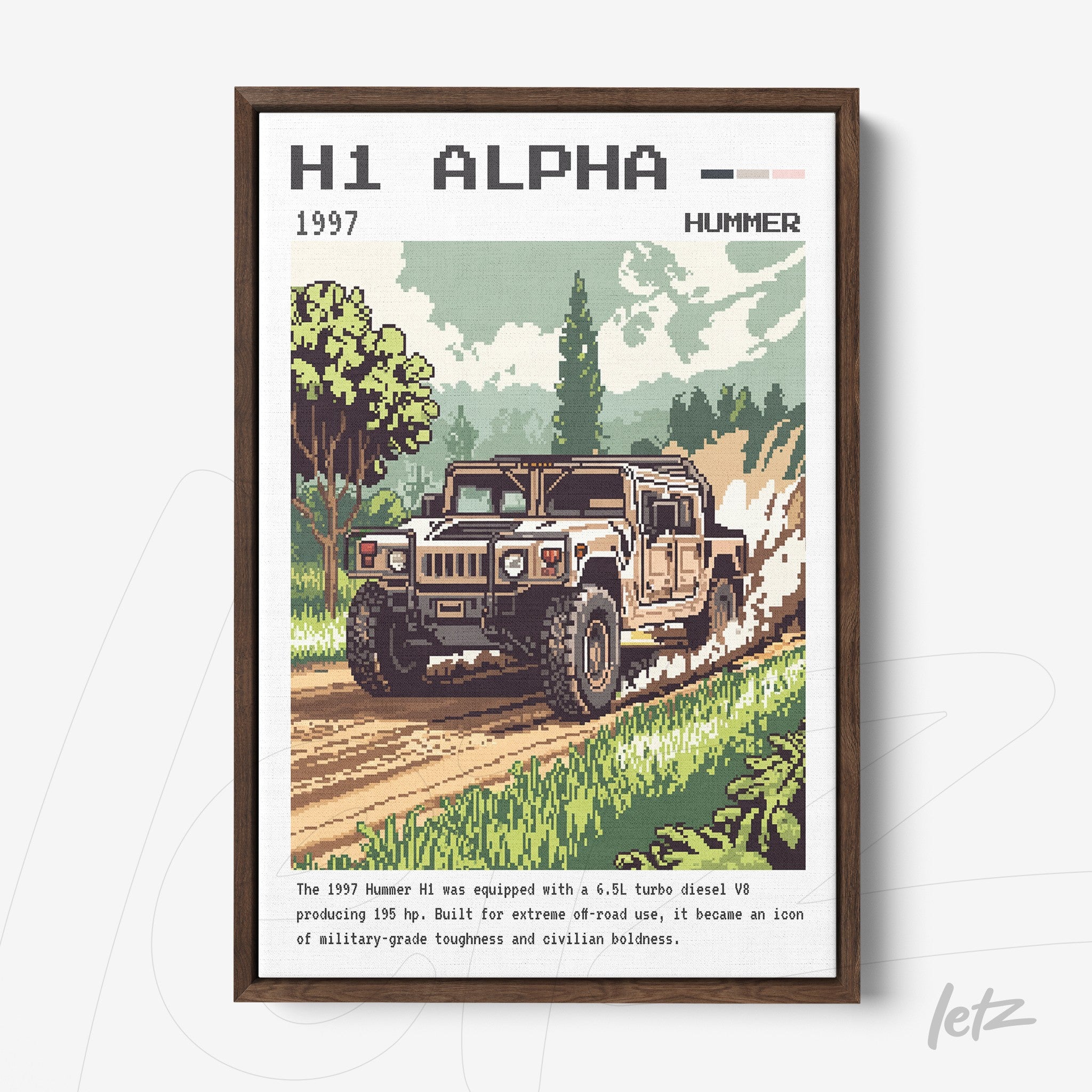 quadro com arte em estilo retrô do Hummer H1 de 1997 em uma trilha arborizada, com moldura marrom