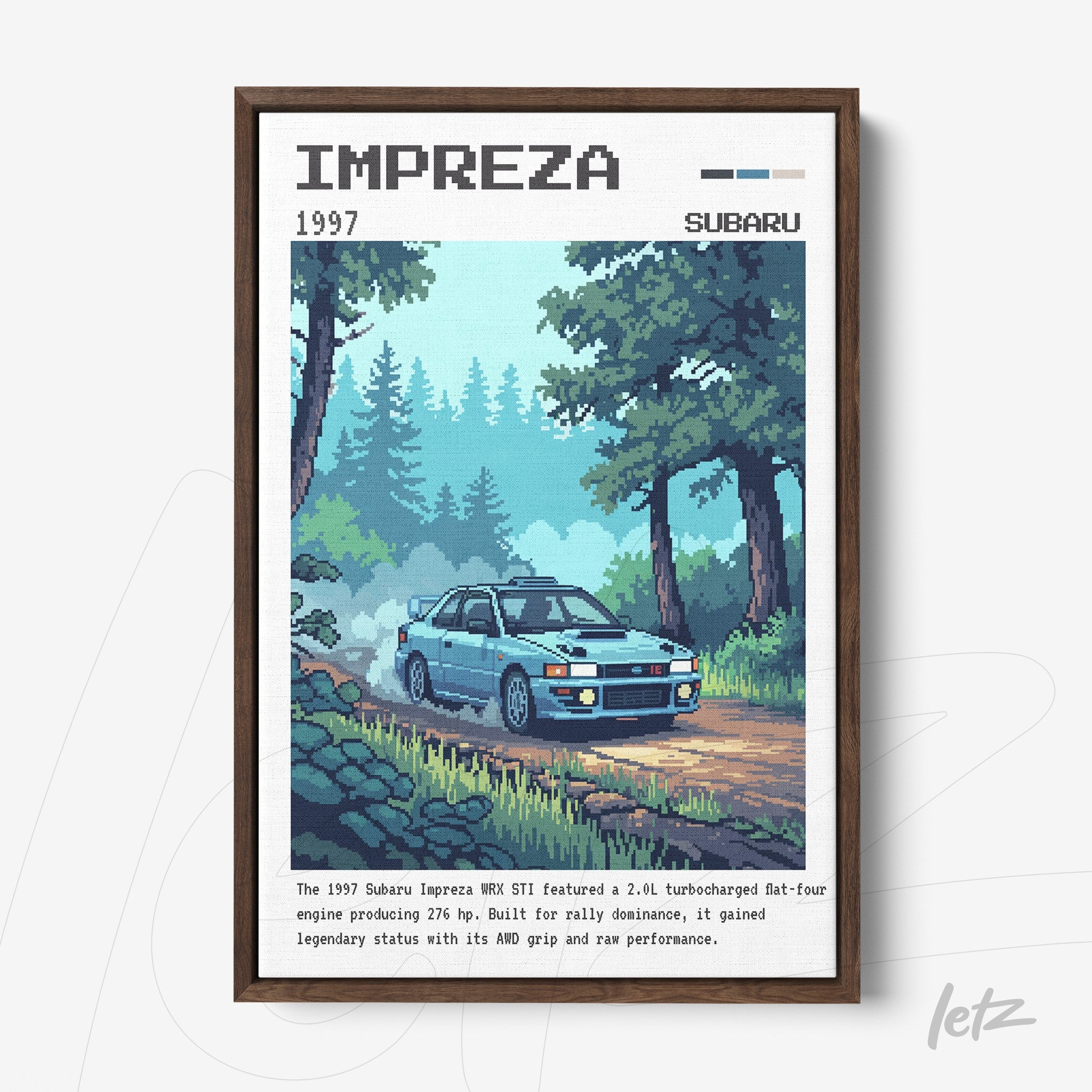 quadro com arte pixelada de carro Subaru Impreza 1997 em meio a árvores