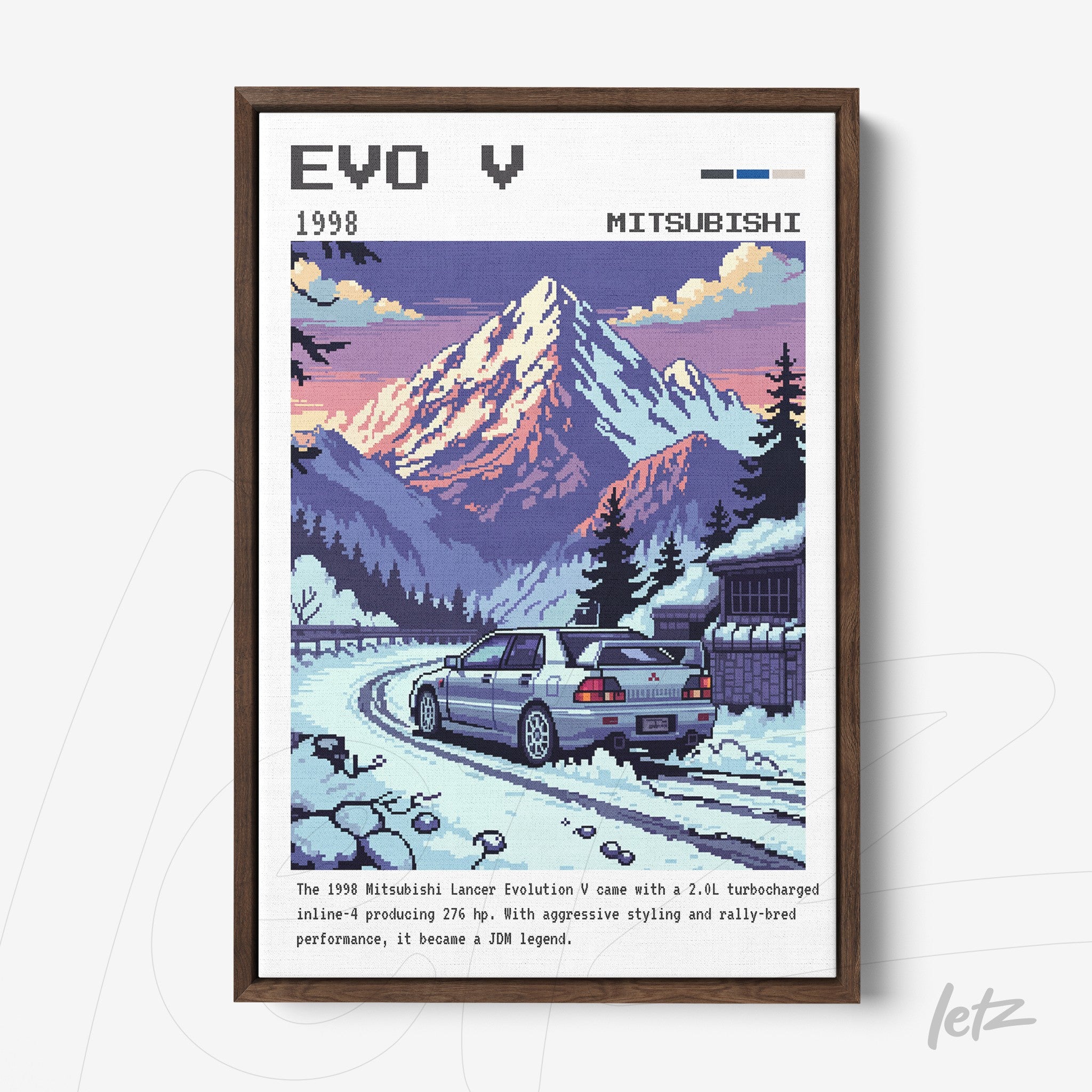 quadro emoldurado com arte digital do Mitsubishi Lancer Evolution V em uma paisagem montanhosa, destacando carro esportivo em movimento sobre a neve com montanhas ao fundo