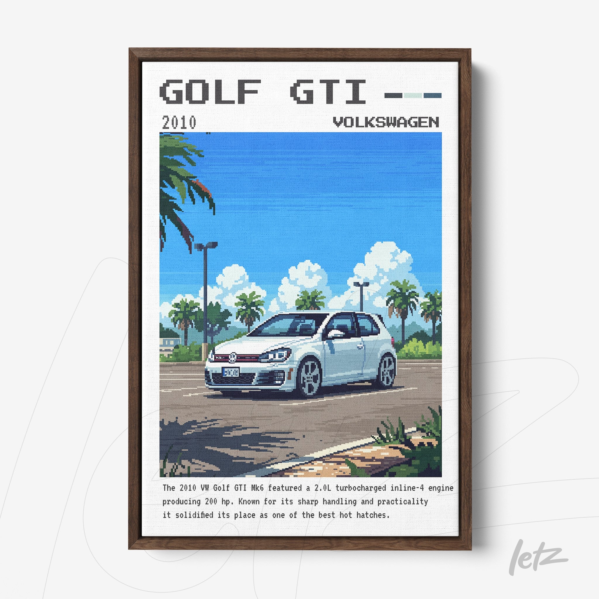 quadro com arte digital em estilo pixelado de um Volkswagen Golf GTI 2010, em moldura escura com fundo claro