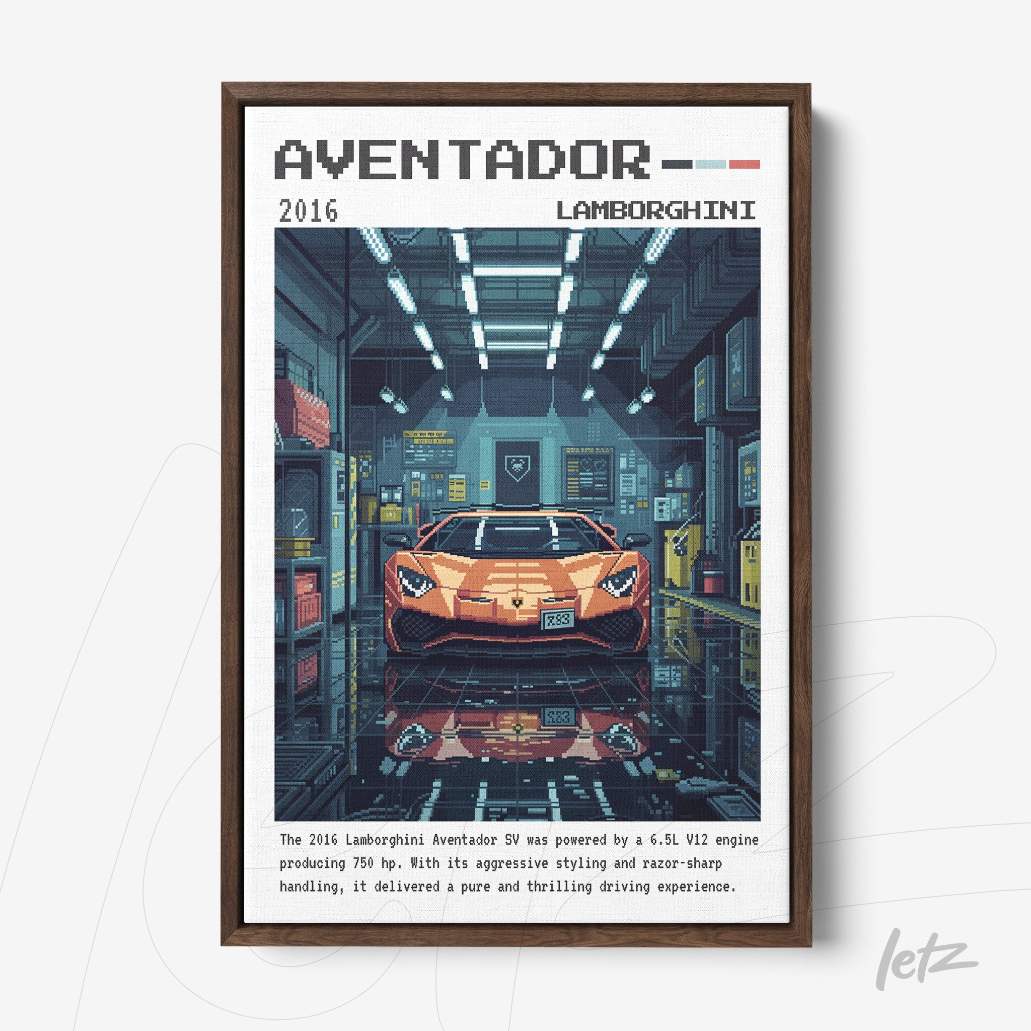 quadro com arte de carro esportivo Lamborghini Aventador em estilo pixel art, moldura marrom escura