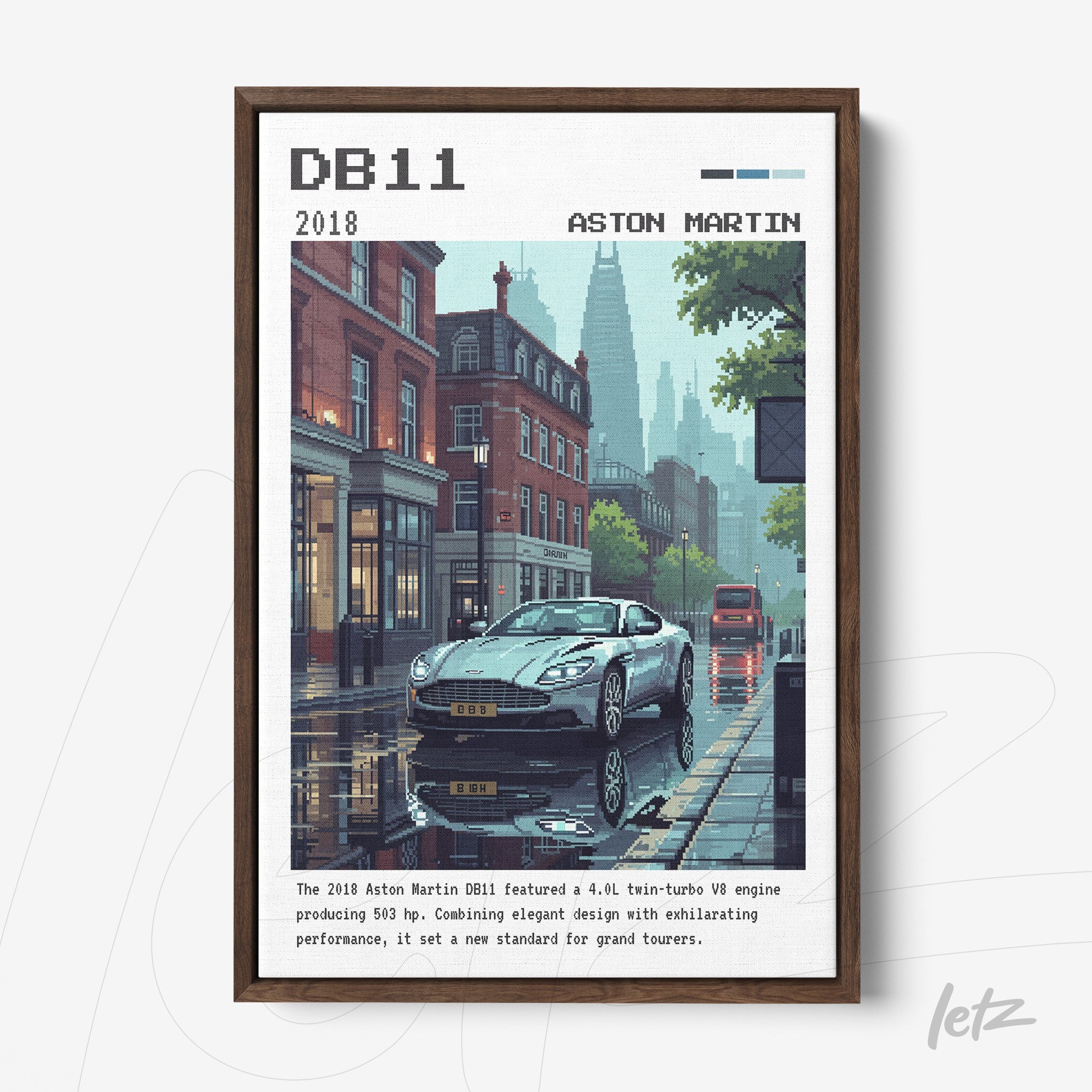 quadro com arte pixelada do carro Aston Martin DB11 em uma rua urbana com detalhes em névoa e reflexos na calçada