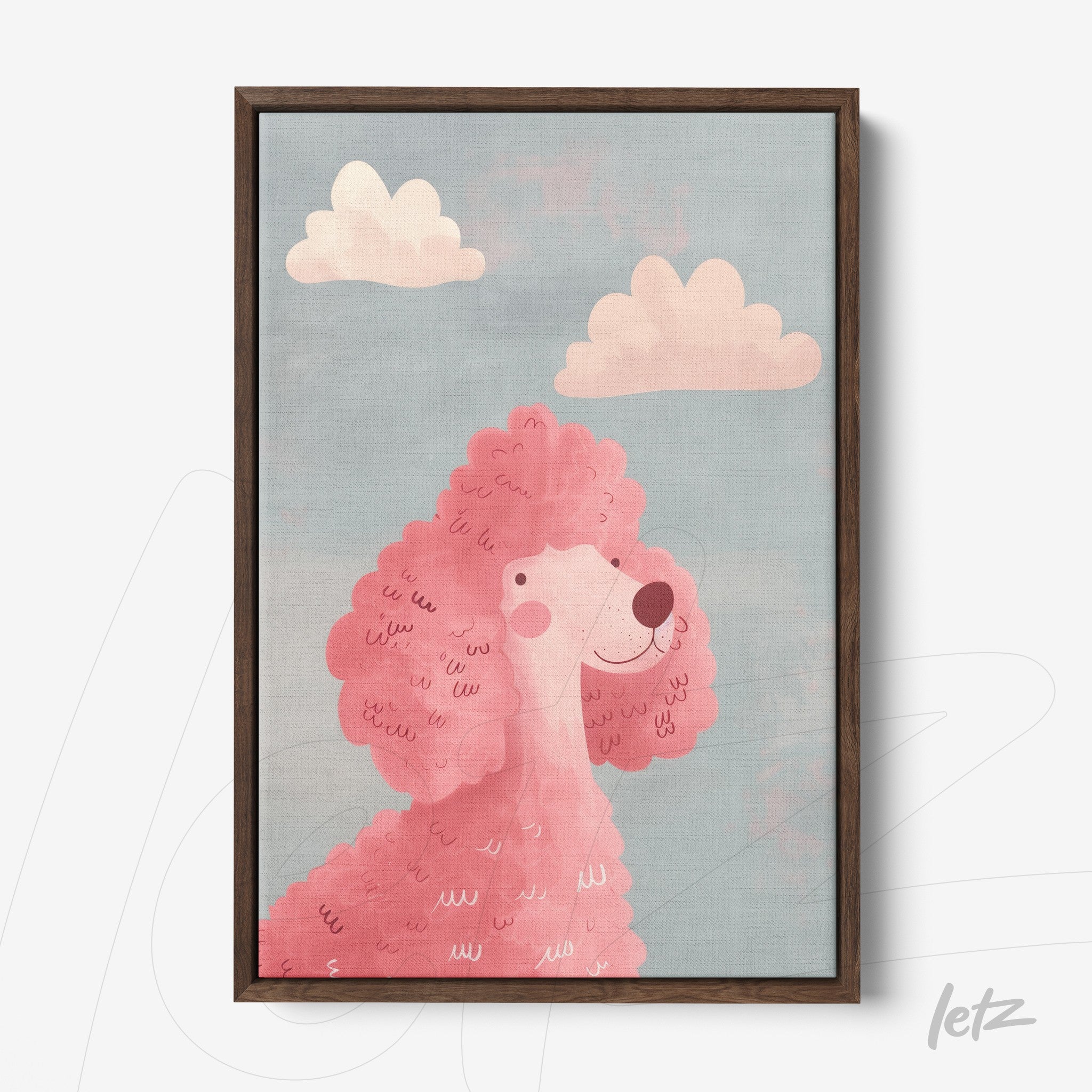 quadro com arte infantil de um poodle rosa com fundo azul e nuvens claras, em moldura de madeira escura