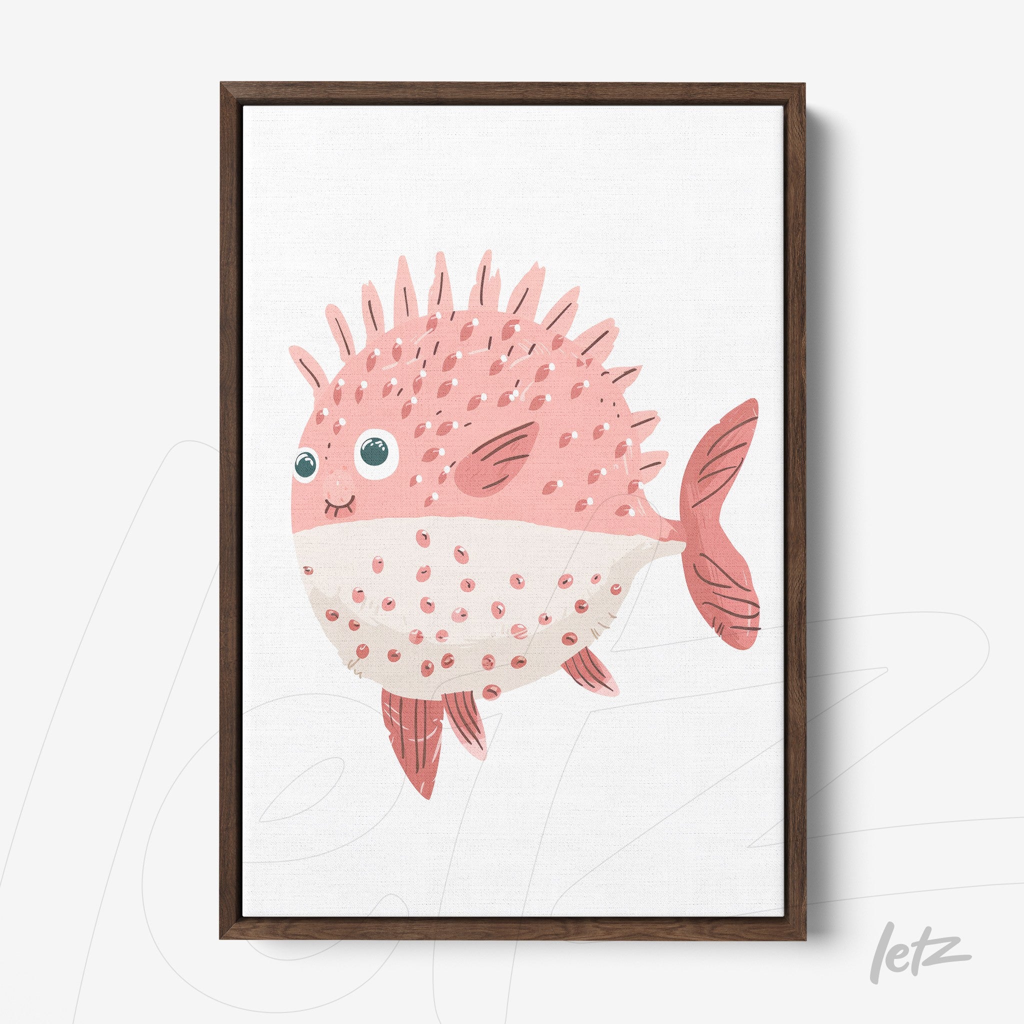 quadro emoldurado com ilustração divertida de um peixe rosa sorridente sobre fundo branco
