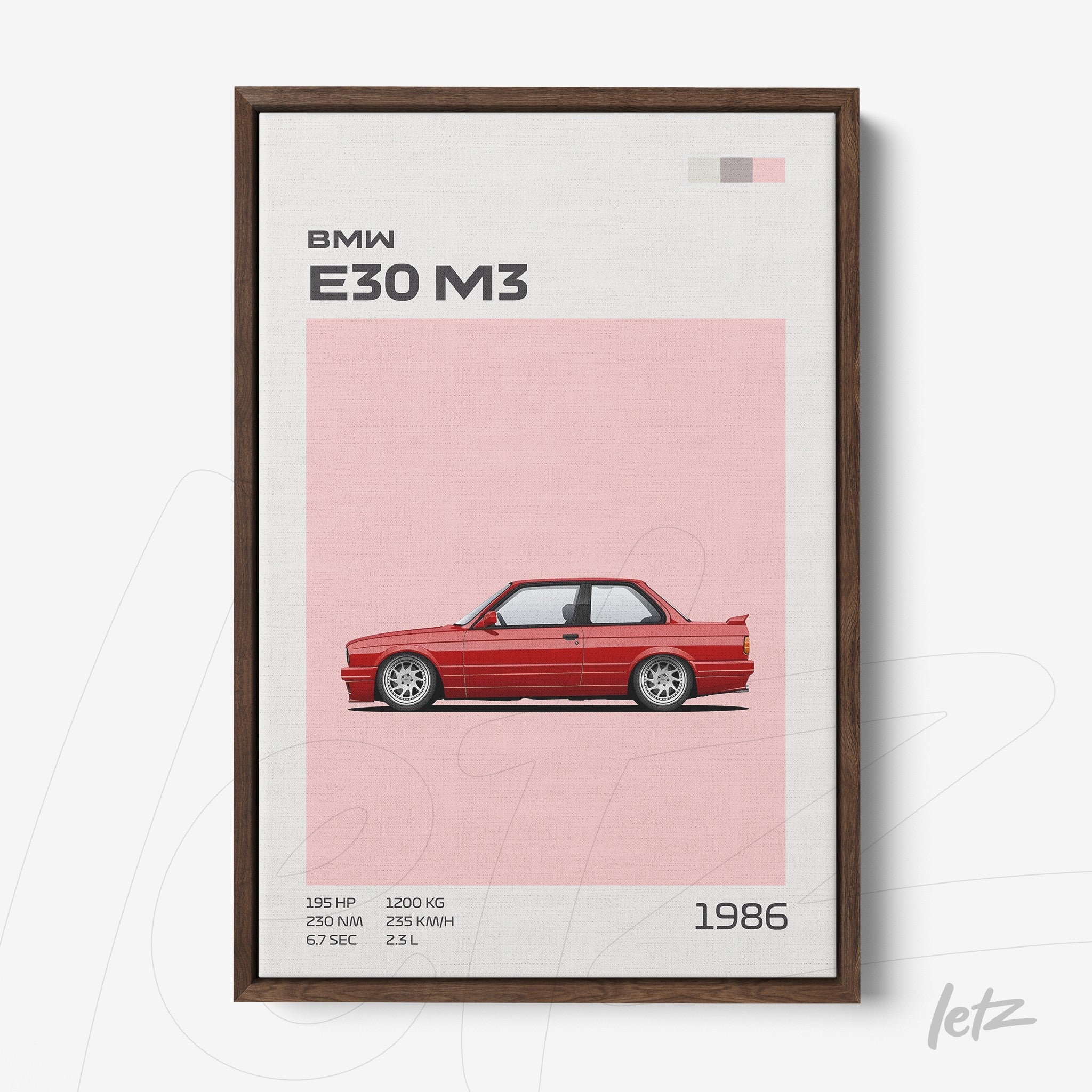 quadro com ilustração minimalista do carro BMW E30 M3 em moldura de madeira escura