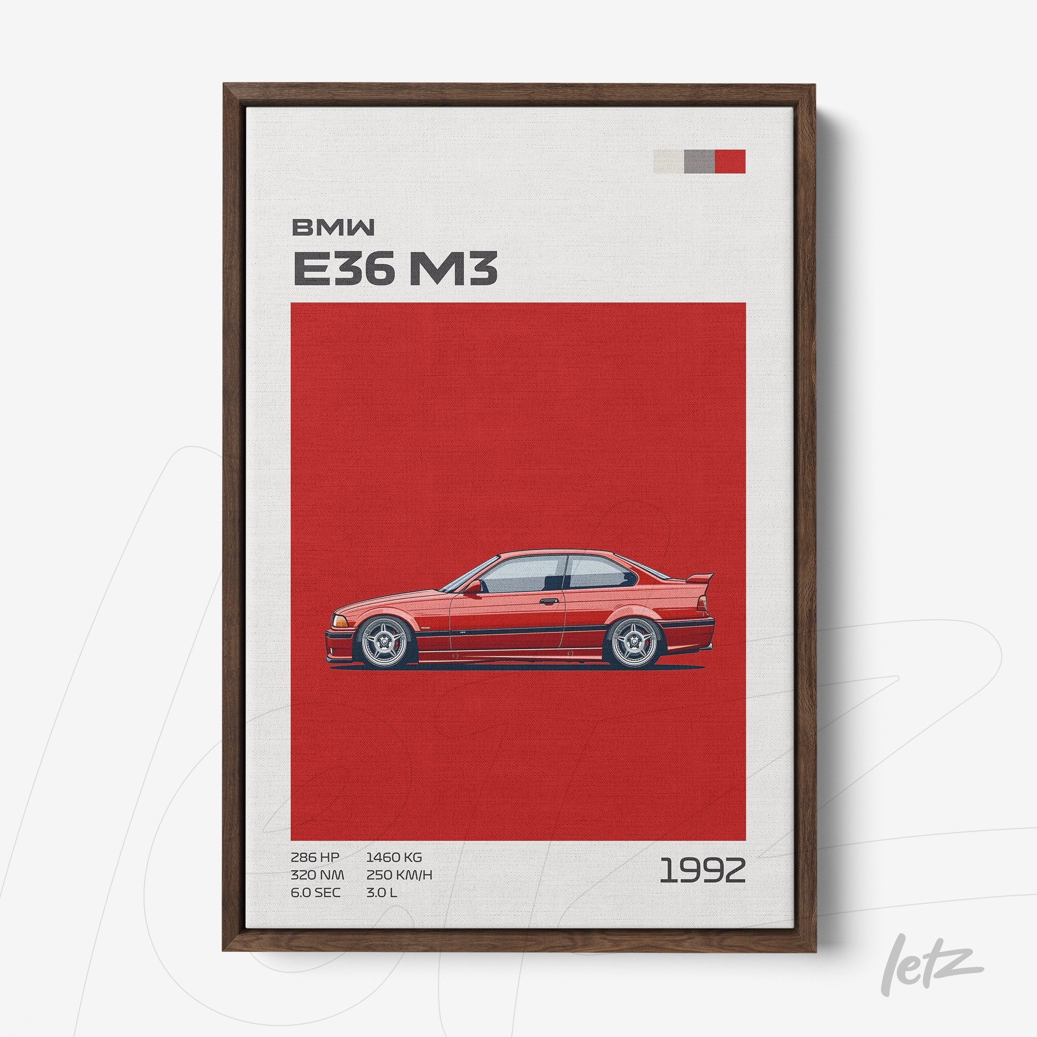 quadro com ilustração do carro BMW E36 M3 em destaque vermelho e fundo texturizado, com moldura de madeira escura