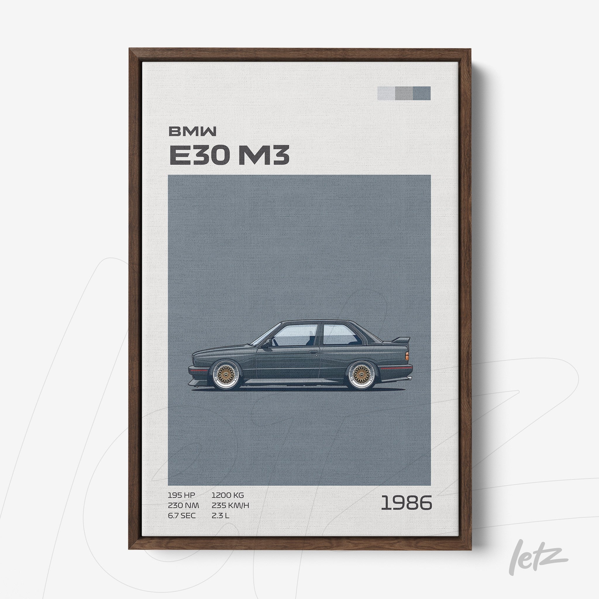 quadro com arte digital do carro BMW E30 M3 em moldura de madeira escura