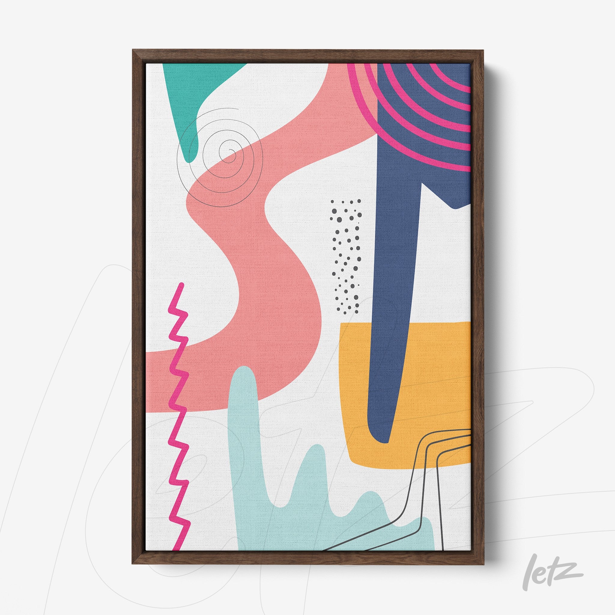 tela em canvas exibindo arte abstrata colorida com formas geométricas e linhas em moldura de madeira escura