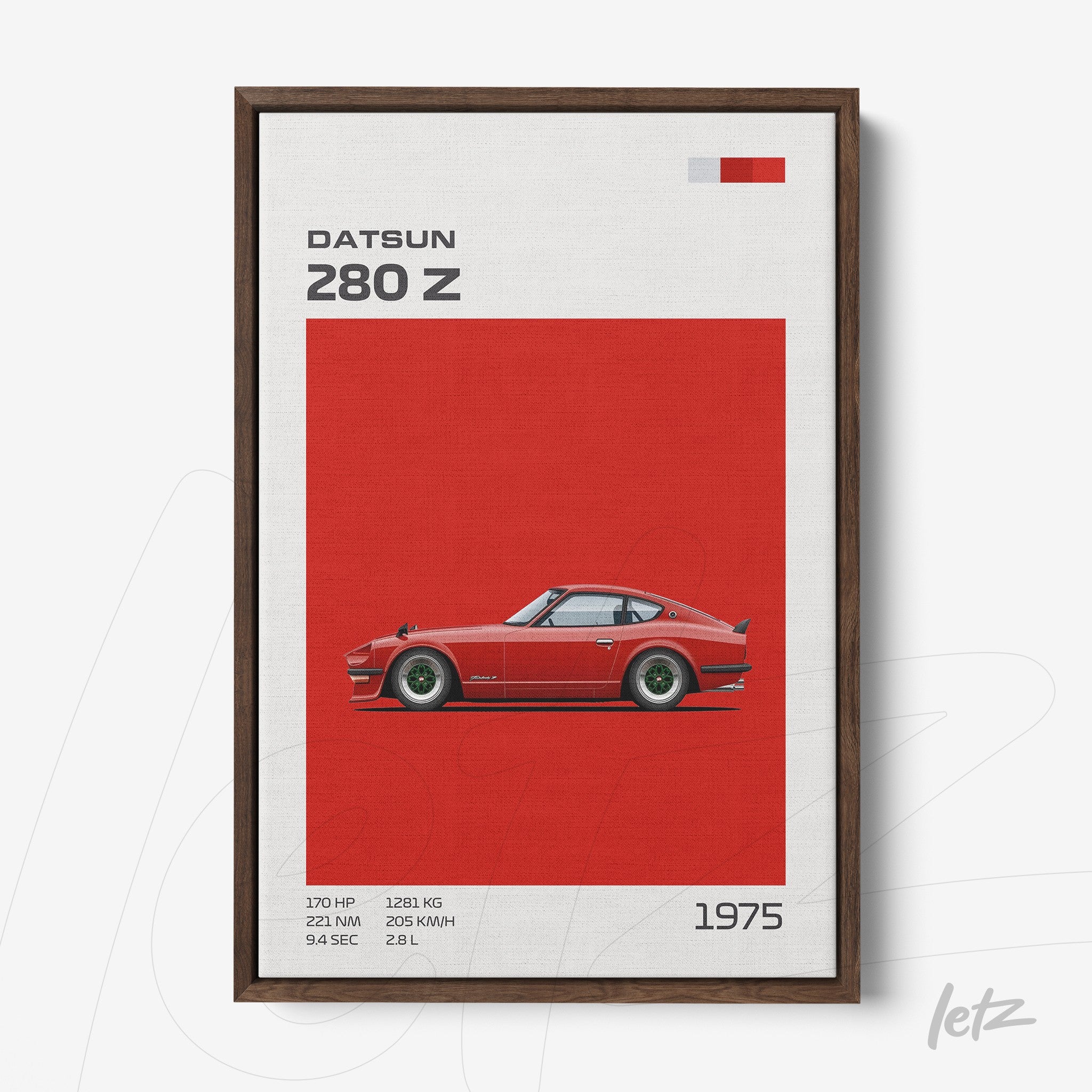 quadro com arte do carro Datsun 280 Z, fundo vermelho e moldura de madeira escura