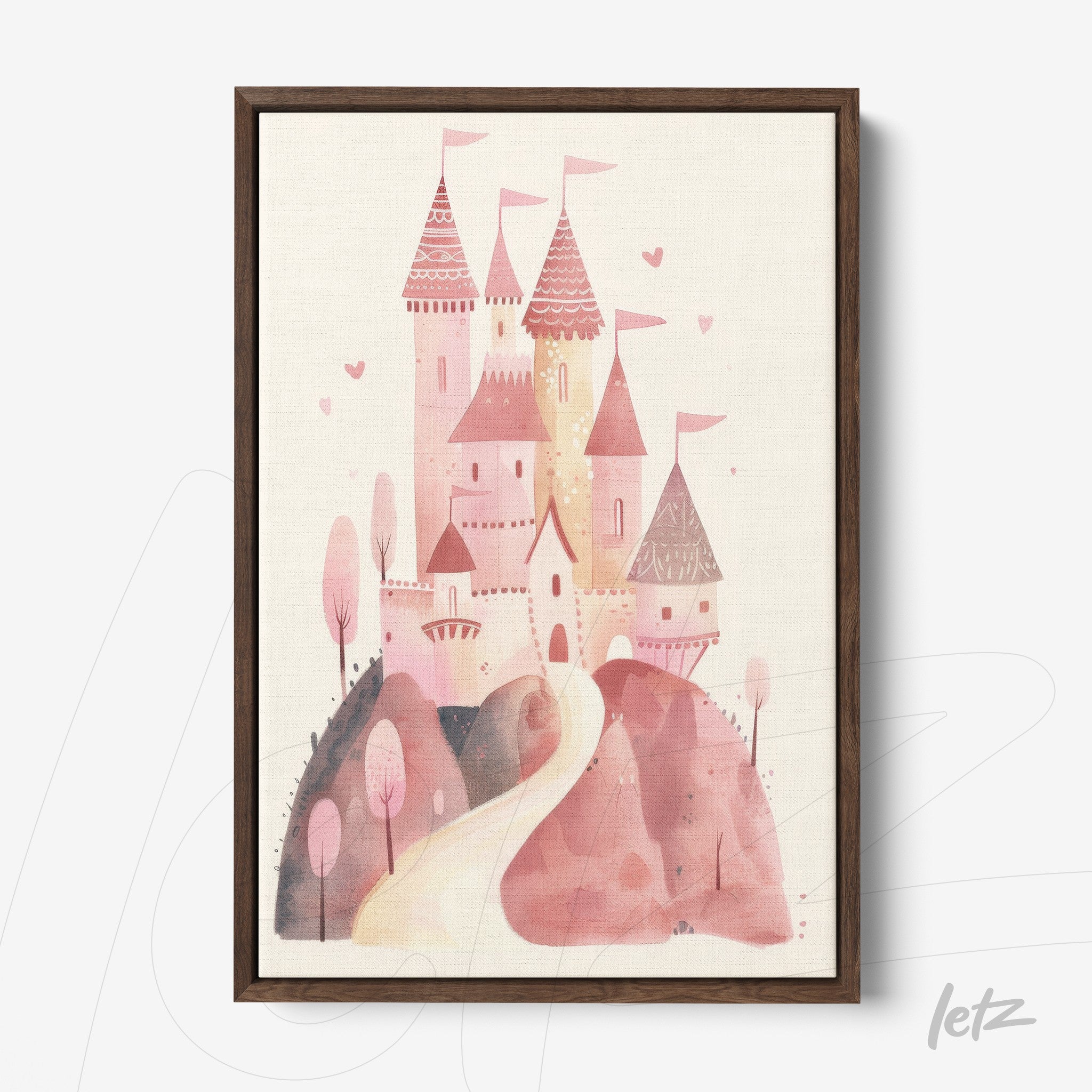quadro em canvas com ilustração de um castelo rosa, cercado por árvores pink e colinas, moldura de madeira escura