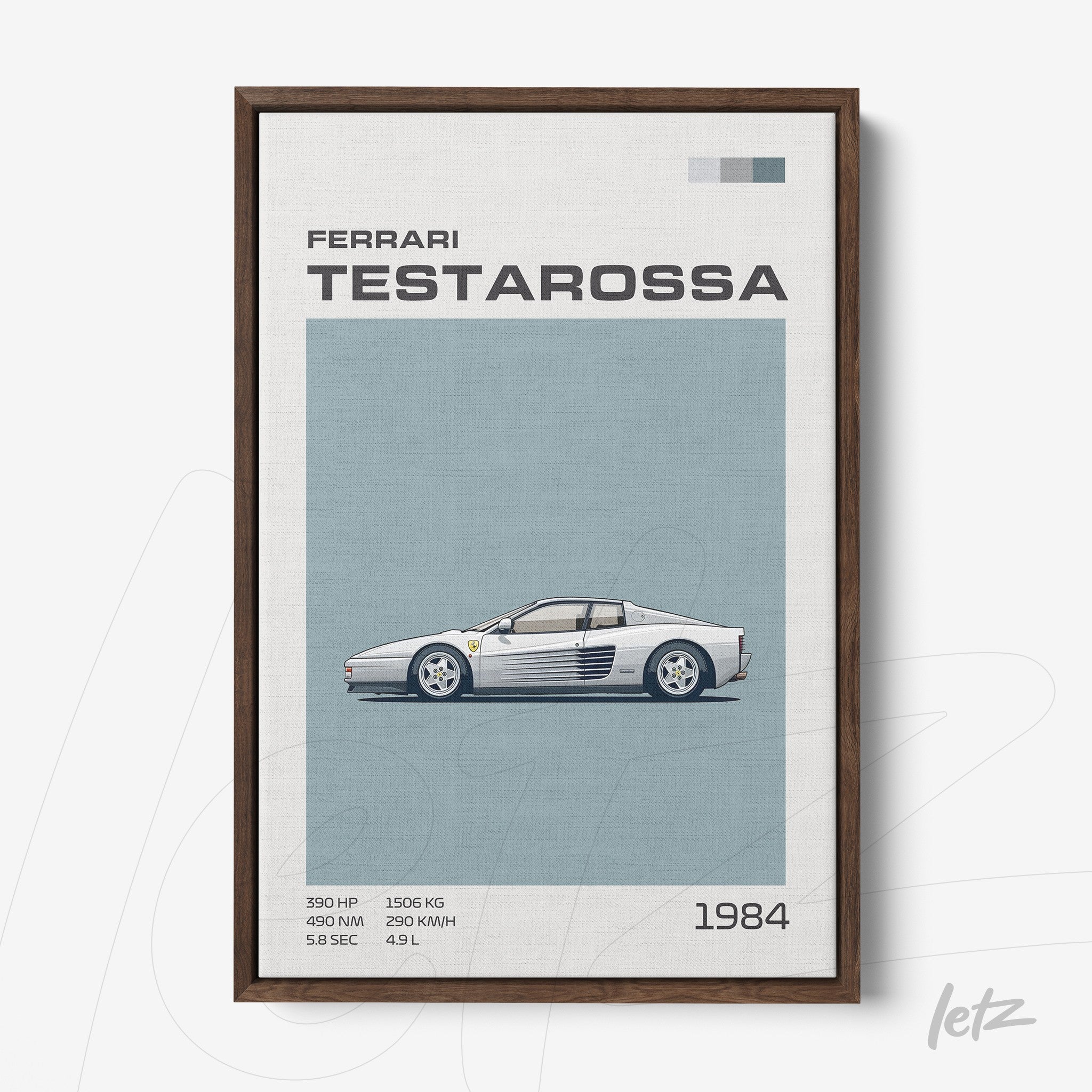 quadro com arte gráfica do carro Ferrari Testarossa em moldura de madeira escura