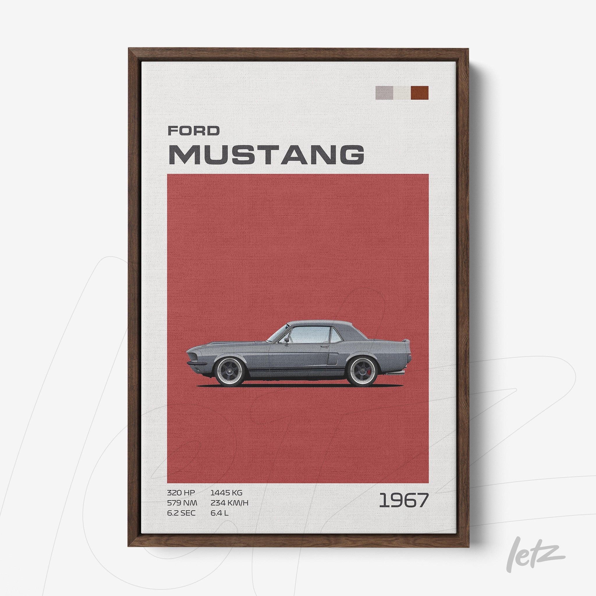 quadro decorativo de carro Ford Mustang 1967 em moldura marrom com fundo vermelho