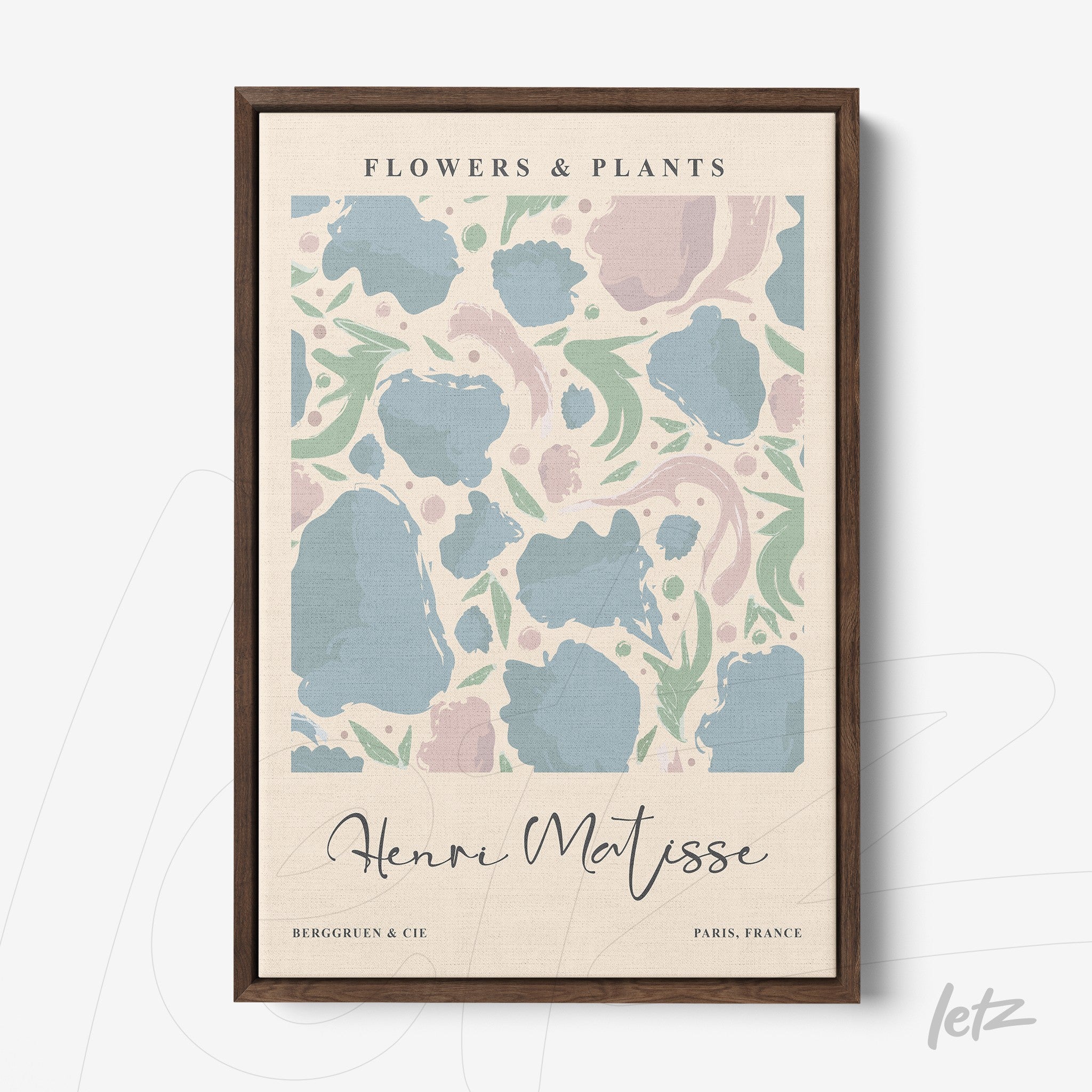 quadro com arte floral em estilo vintage, moldura de madeira escura, fundo claro com formas coloridas em azul, rosa e verde