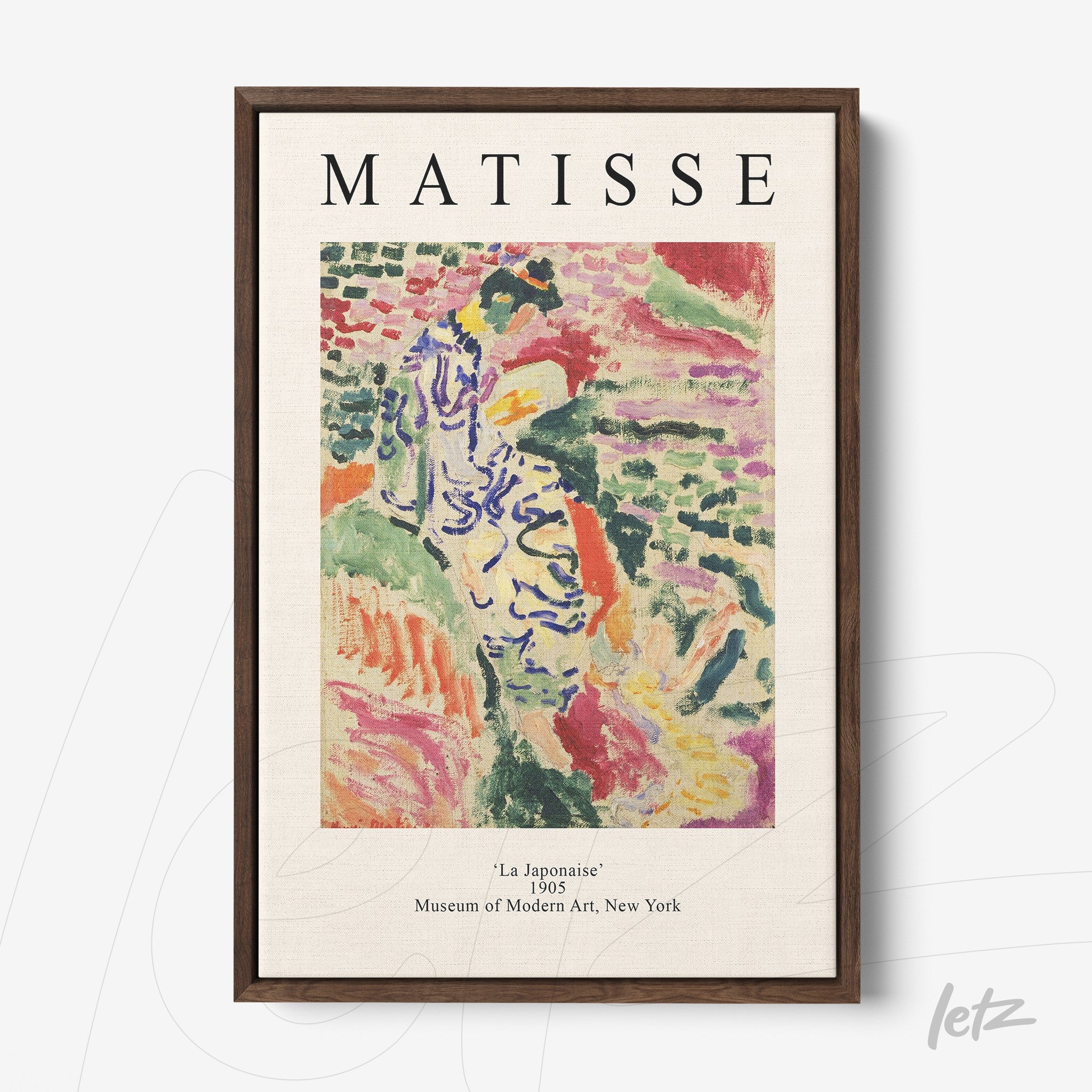 quadro elegante com arte de Matisse intitulado 'La Japonaisse', apresentando pinceladas vibrantes em tons de rosa, verde e amarelo, em moldura de madeira escura
