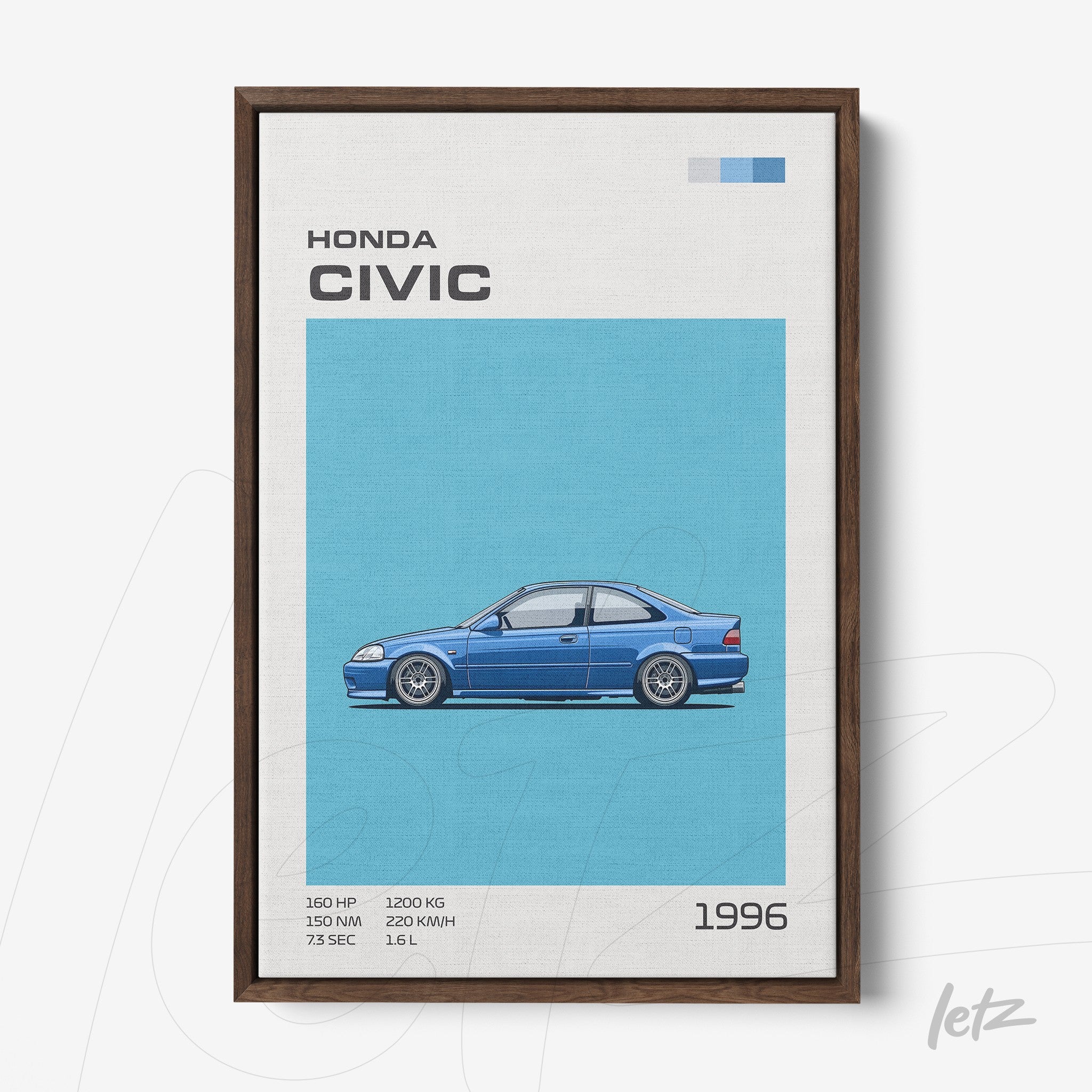 quadro com ilustração de um Honda Civic azul de 1996 em moldura de madeira escura