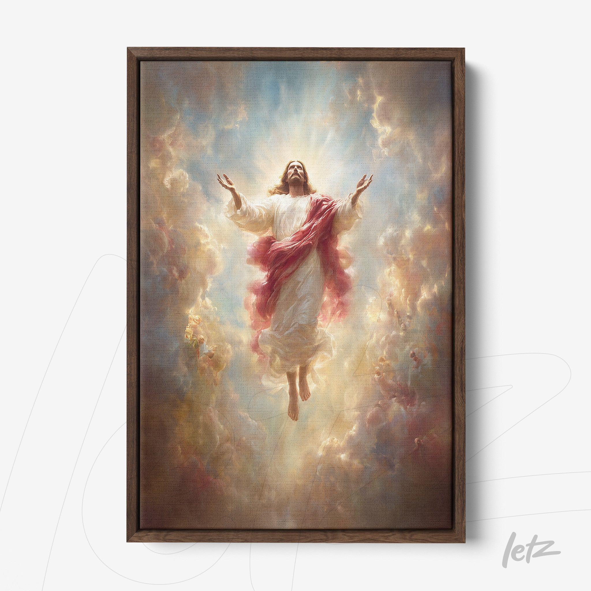 quadro com arte religiosa retratando Jesus ascendendo em nuvens, moldura de madeira escura