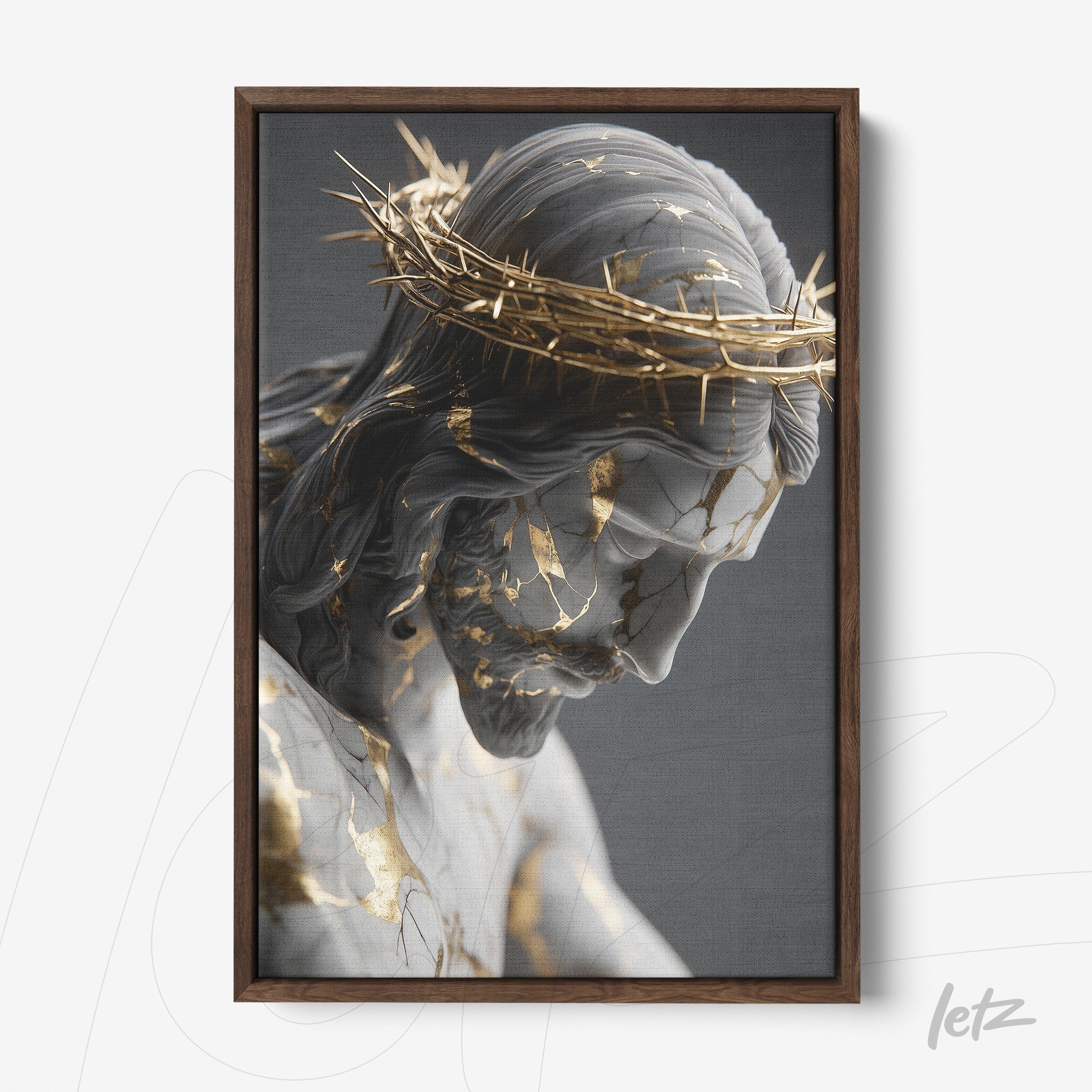 quadro com arte digital de figura de Cristo com coroa de espinhos e detalhes em dourado em moldura de madeira escura