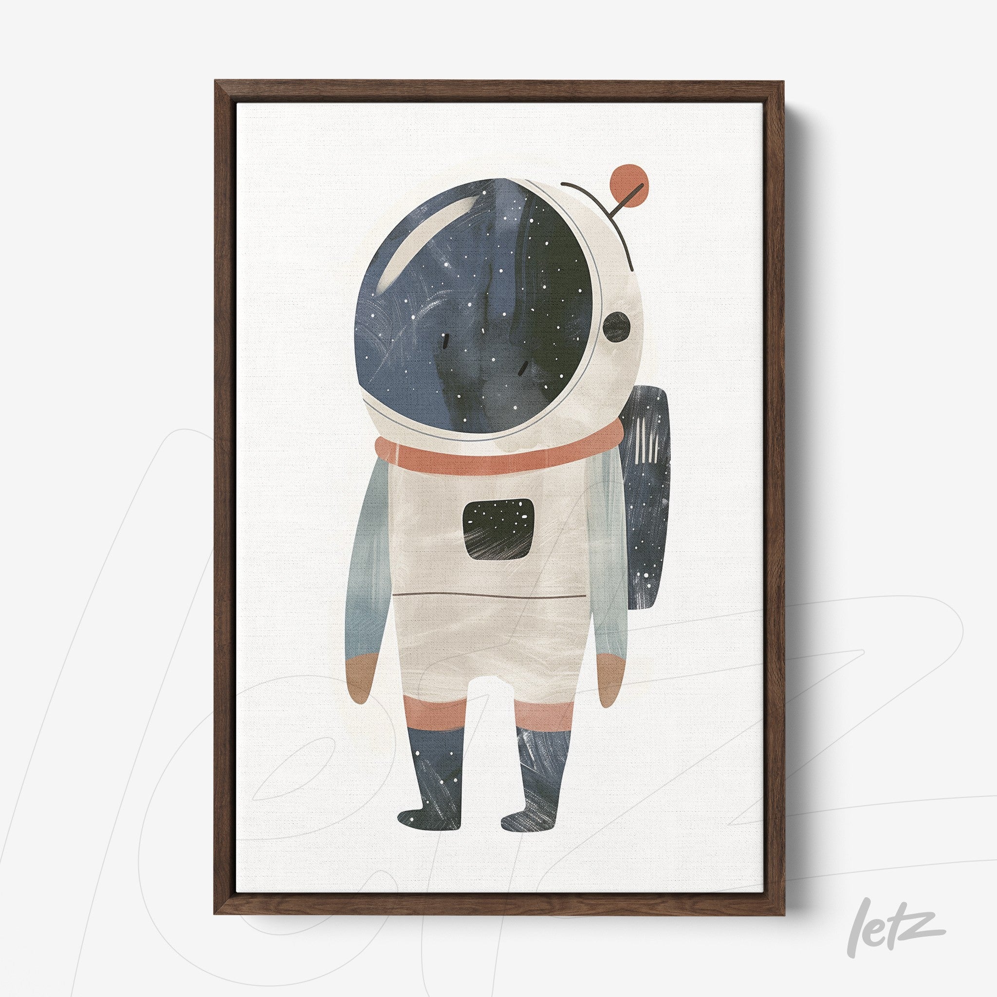 quadro com ilustração de um astronauta em estilo aquarelado, moldura marrom clara