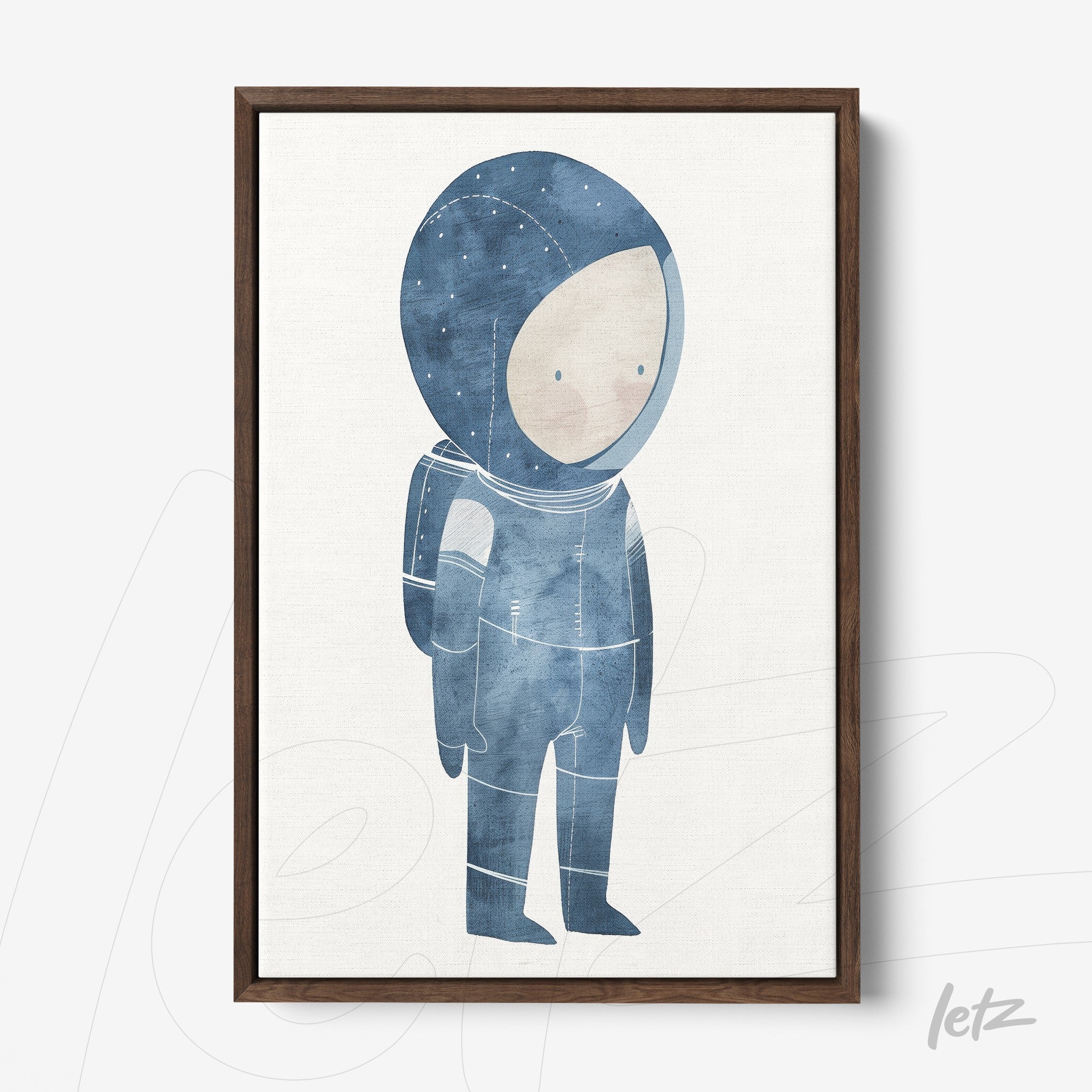 quadro com ilustração de astronauta em tons de azul, com moldura de madeira escura