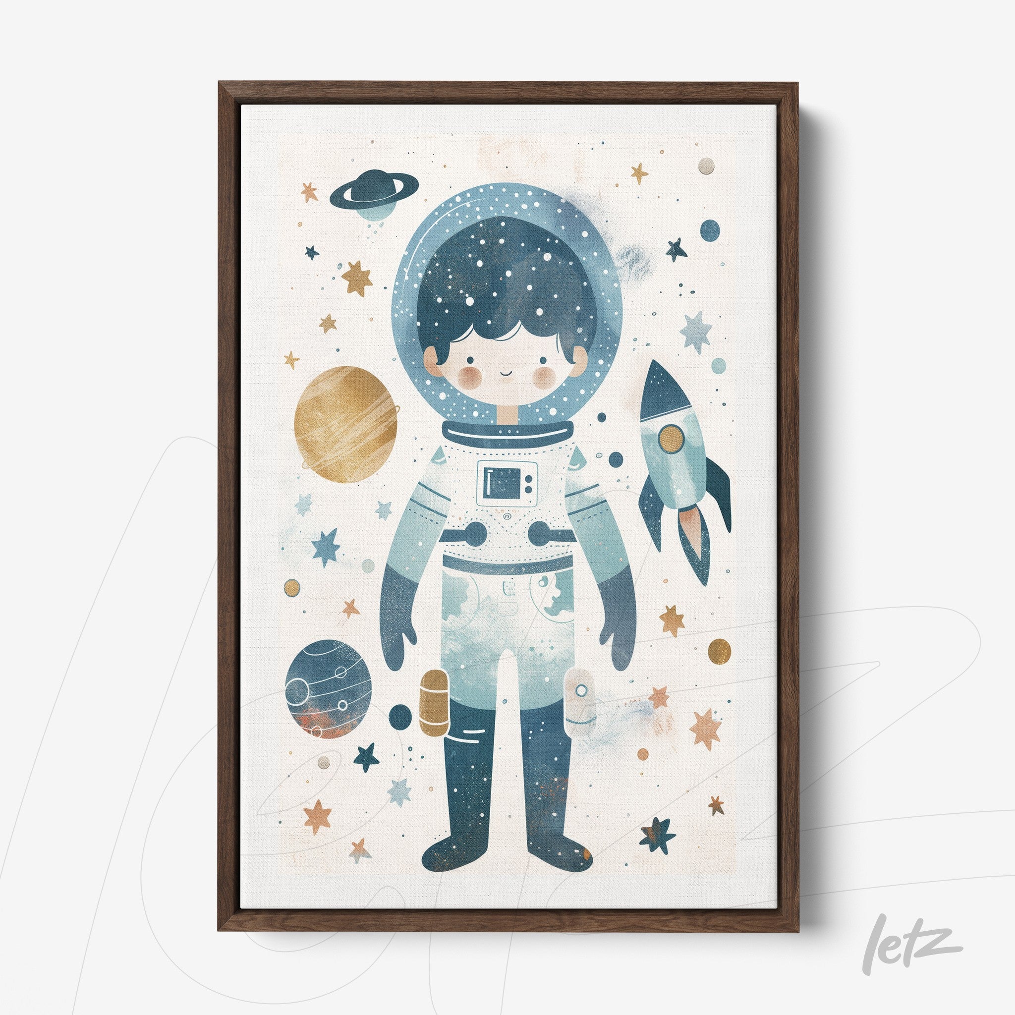 quadro decorativo com ilustração de astronauta infantil rodeado por planetas e estrelas em moldura marrom escura