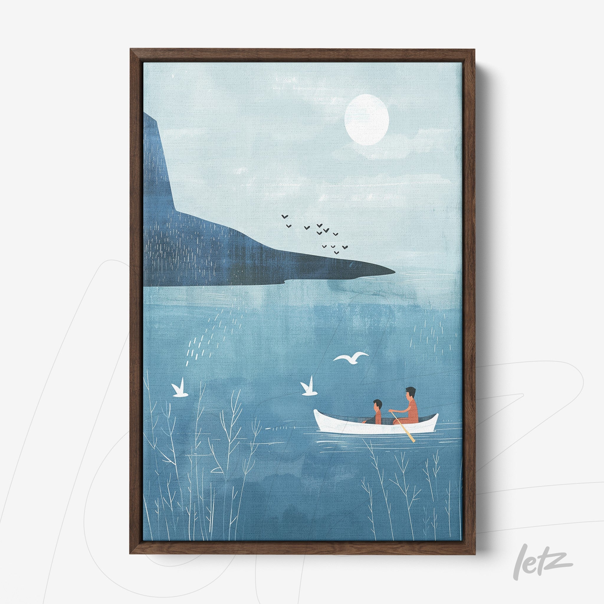 quadro com ilustração minimalista de um casal em um barco no lago sob um céu azul claro com sol e aves