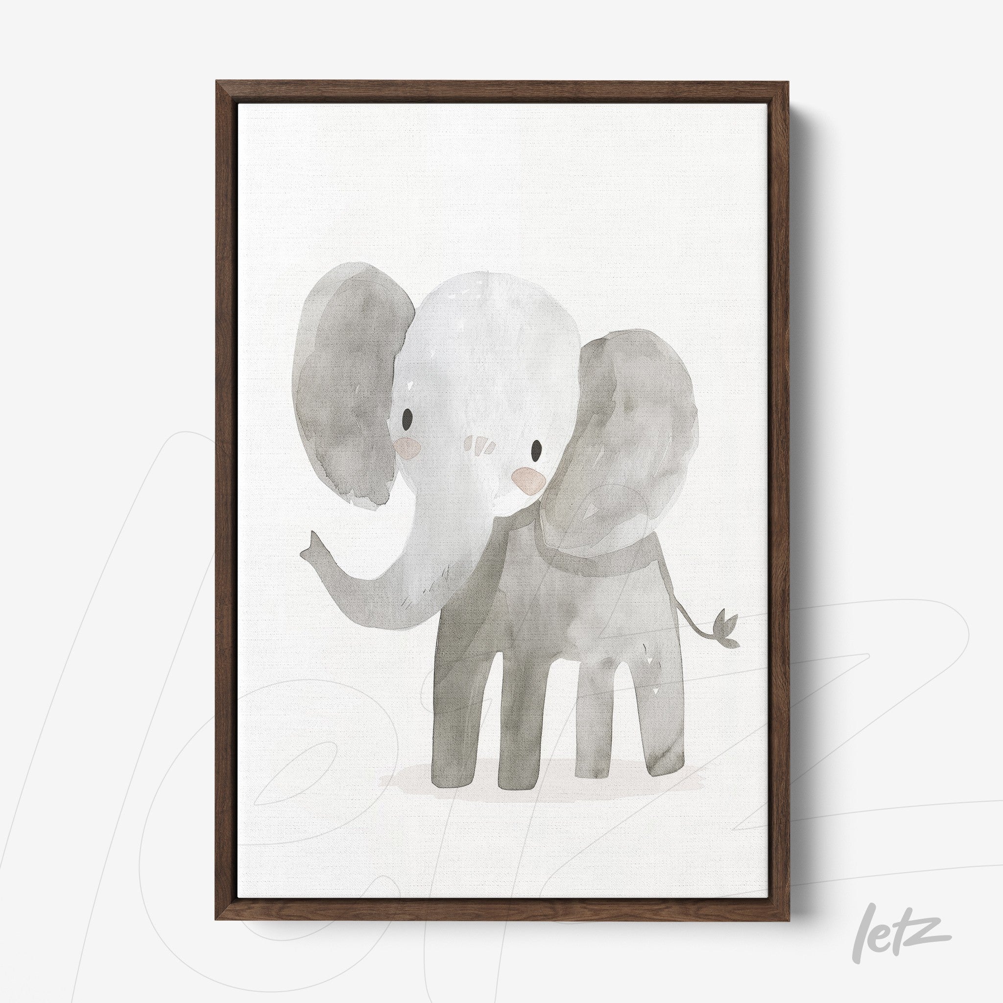 quadro com ilustração de elefante em aquarela, moldura de madeira escura