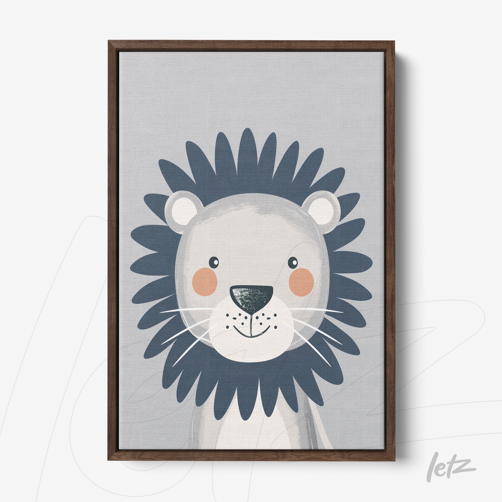 quadro com arte ilustrativa de um leão sorridente em moldura de madeira escura