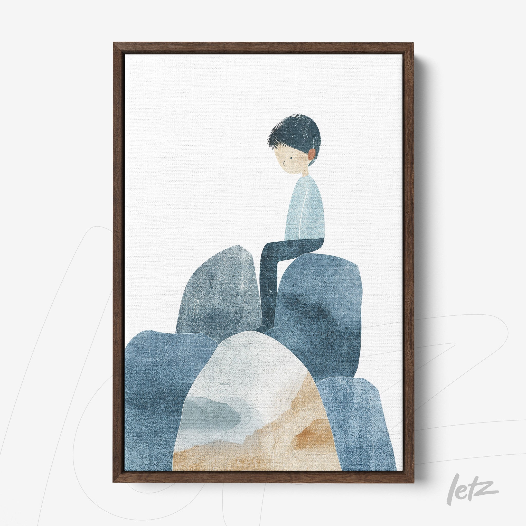 quadro com ilustração de menino sentado em pedras com cores azul e bege em moldura de madeira escura