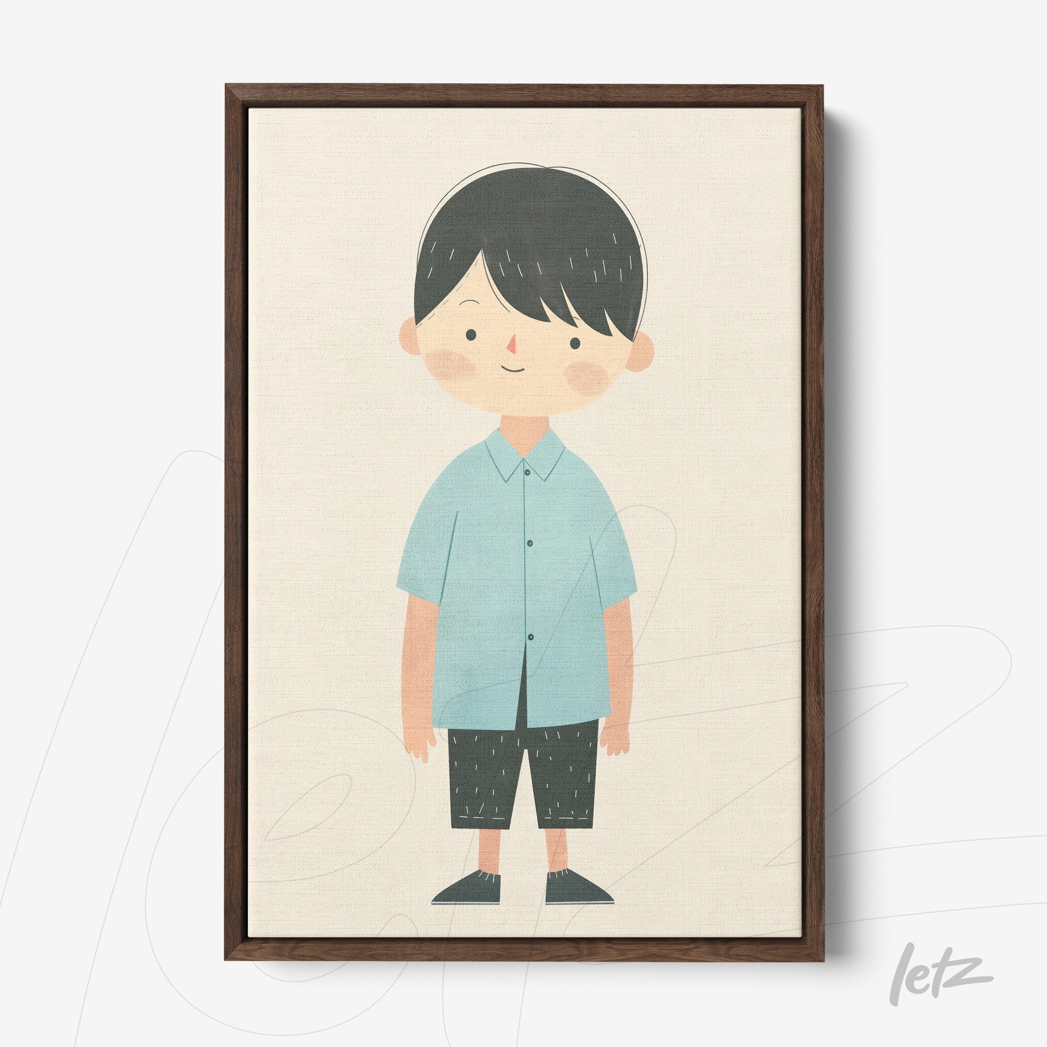 quadro com ilustração infantil de menino com camisa azul e calças escuras em moldura de madeira escura