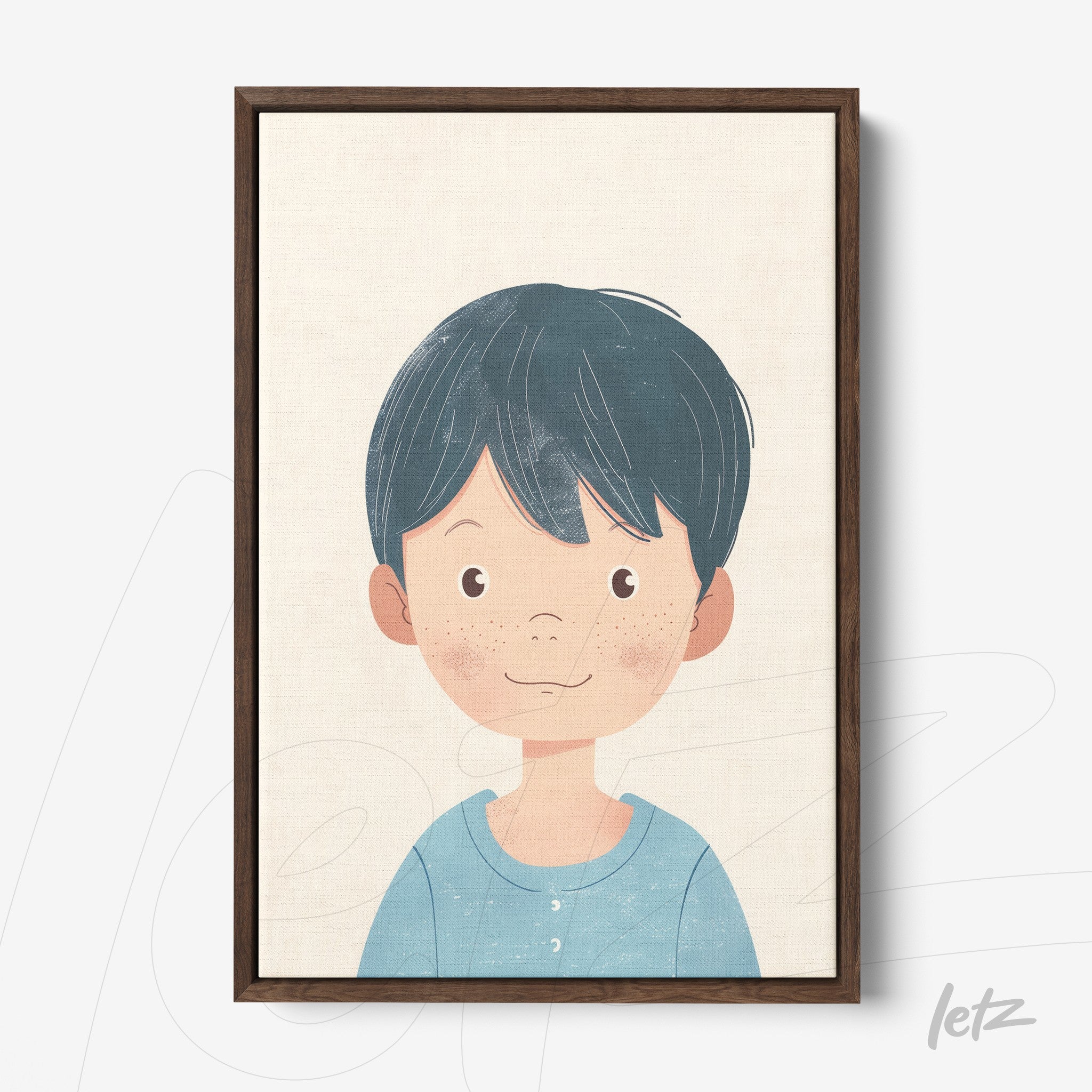 quadro com ilustração de menino sorridente com cabelo curto e escuro em moldura de madeira escura